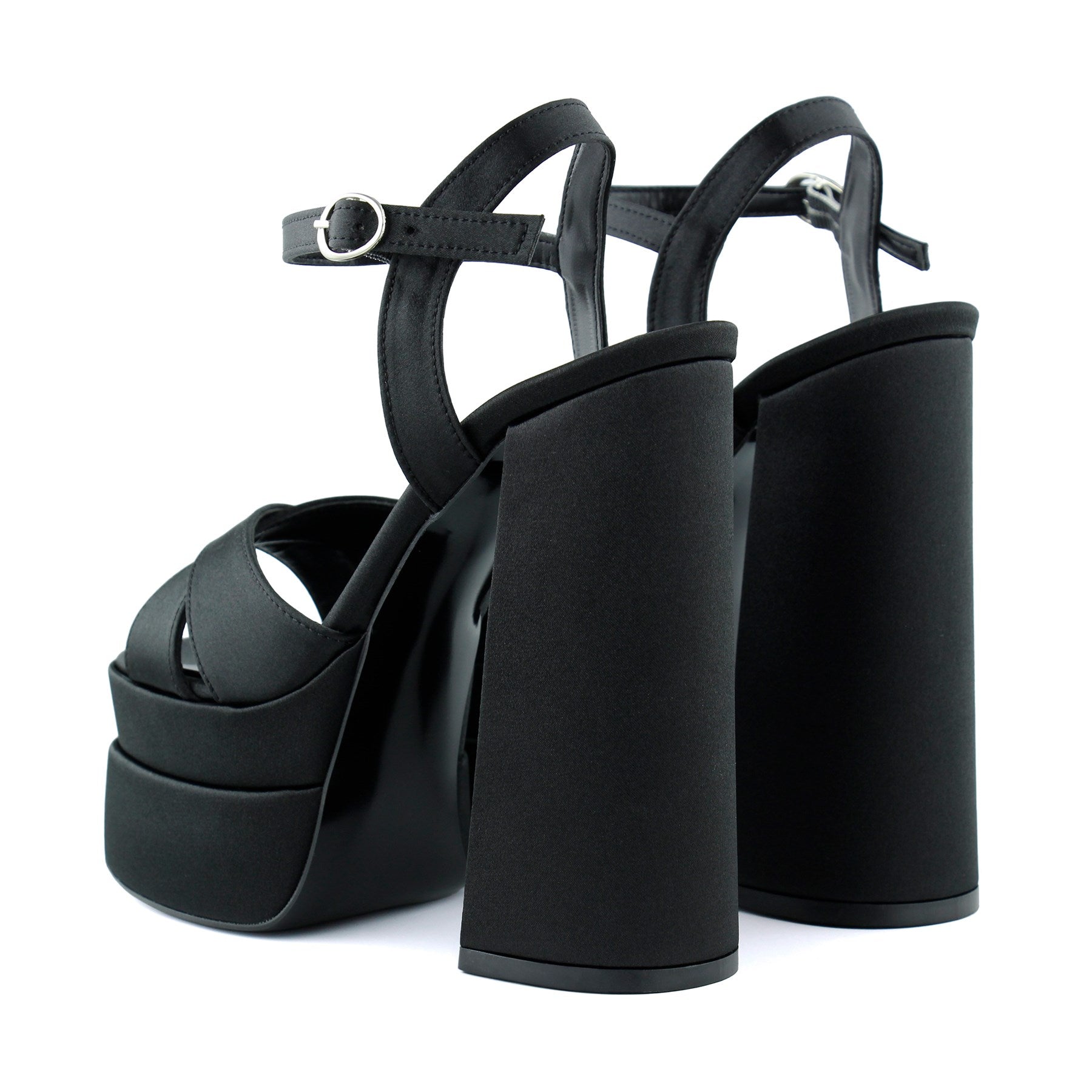 Whitney Siyah Saten Önü Arkası Açık Çift Platformlu Bantlı Kalın Topuklu Abiye Ayakkabı