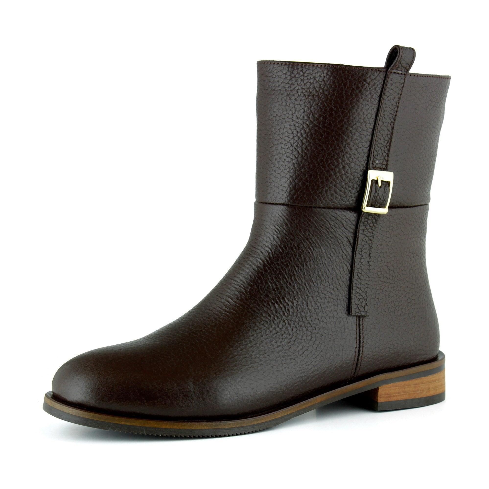 [MAX 423] Kahverengi Hakiki Dana Derisi Tokalı Fermuarlı Yuvarlak Burun Kalın Topuklu Günlük Bot