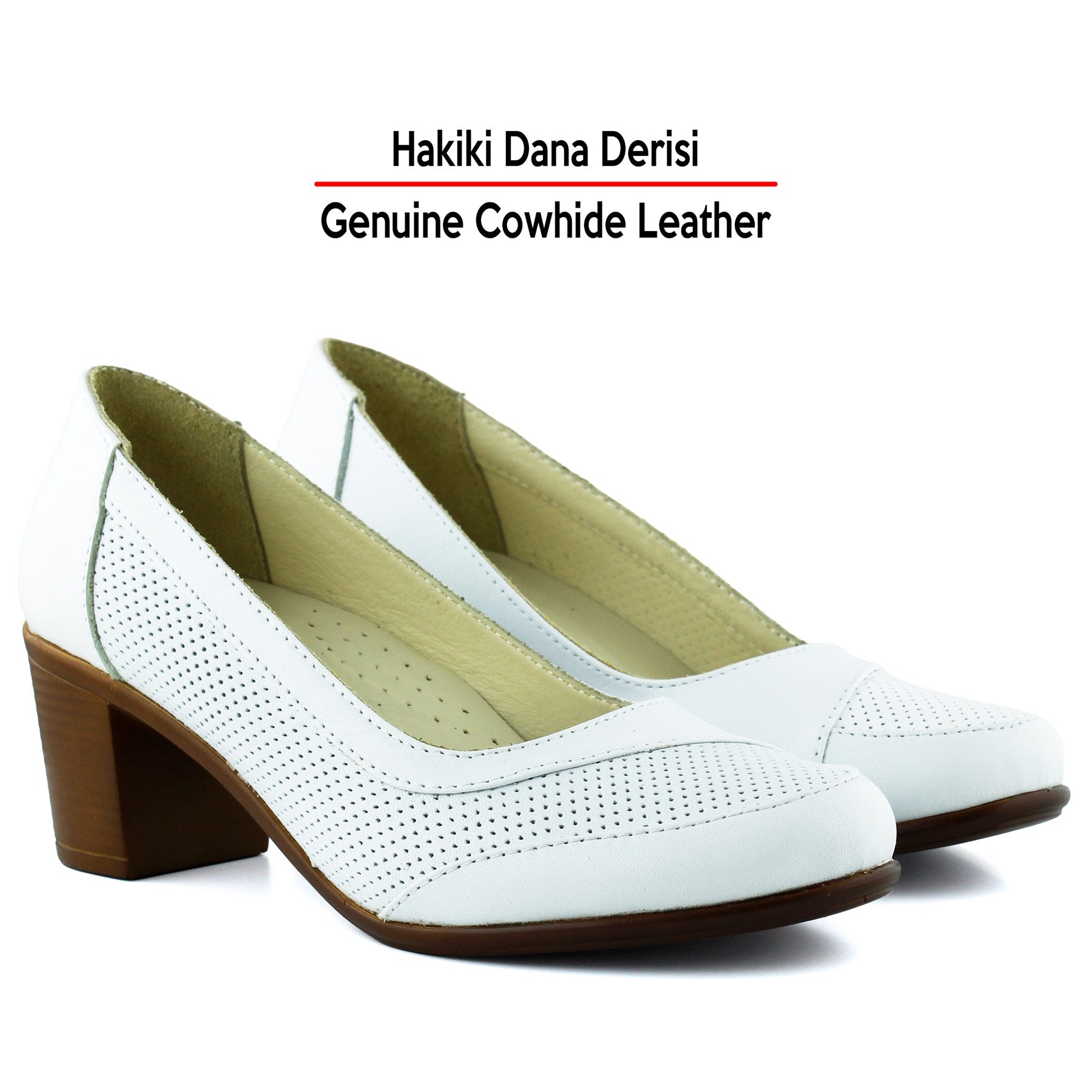 Sarah Beyaz Hakiki Dana Derisi Delik Detaylı Kalın Topuklu Günlük Klasik Ayakkabı