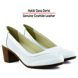 Sarah Beyaz Hakiki Dana Derisi Delik Detaylı Kalın Topuklu Günlük Klasik Ayakkabı
