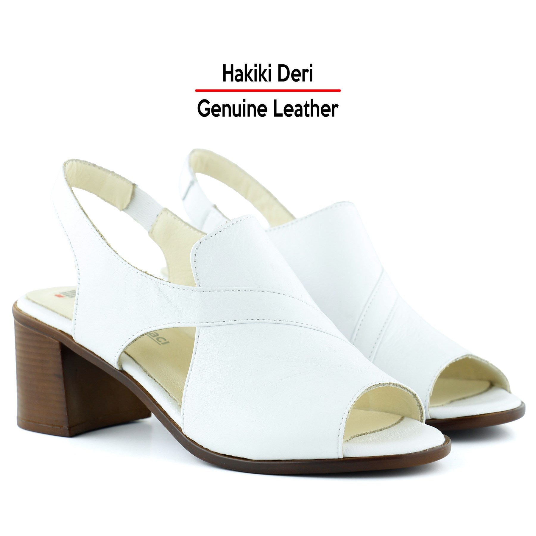 Saules Beyaz Hakiki Deri Kesik Detaylı Lastik Bantlı Topuklu Sandalet