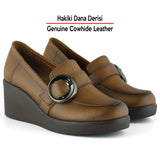 Madeline Taba Hakiki Dana Derisi Tokalı Yuvarlak Burun Dolgu Topuklu Günlük Ayakkabı