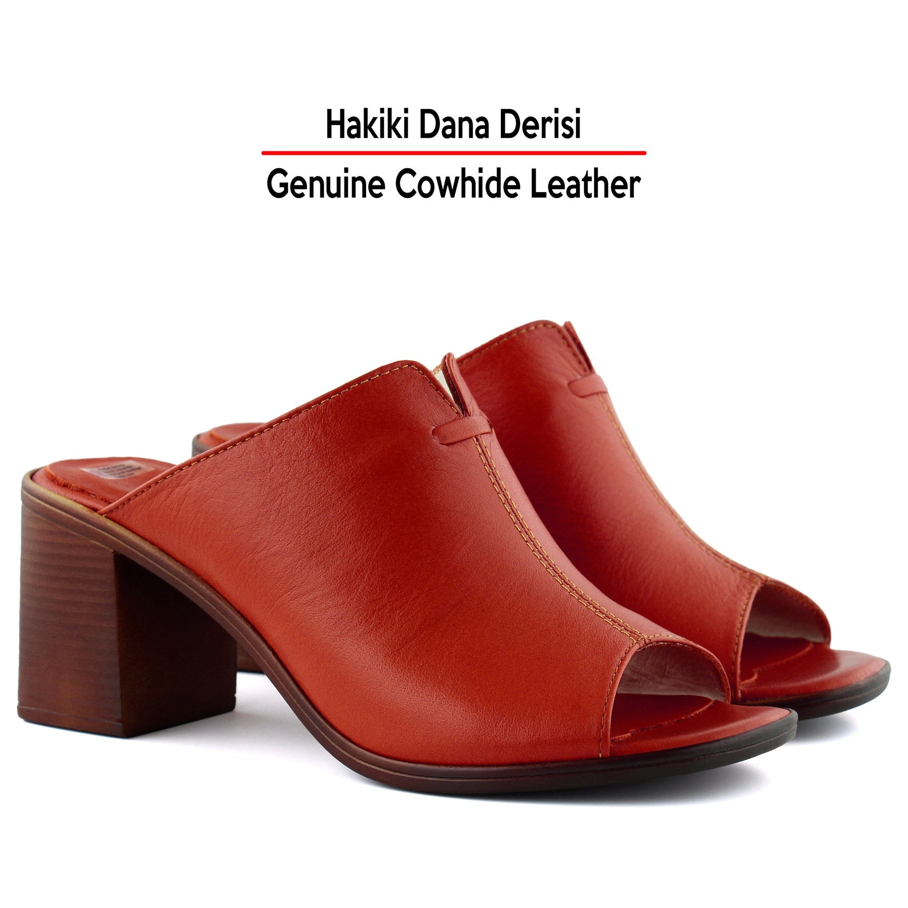 Valery Kırmızı Hakiki Dana Derisi Önü Açık Kalın Topuklu Terlik