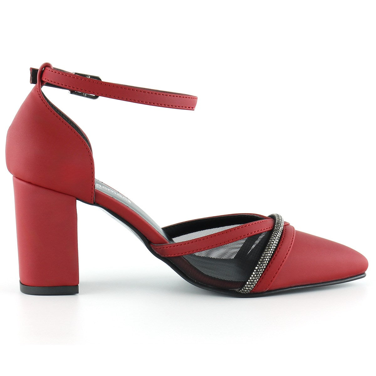 Molly Kırmızı Saten Taşlı Fileli Kalın Topuklu Ayakkabı