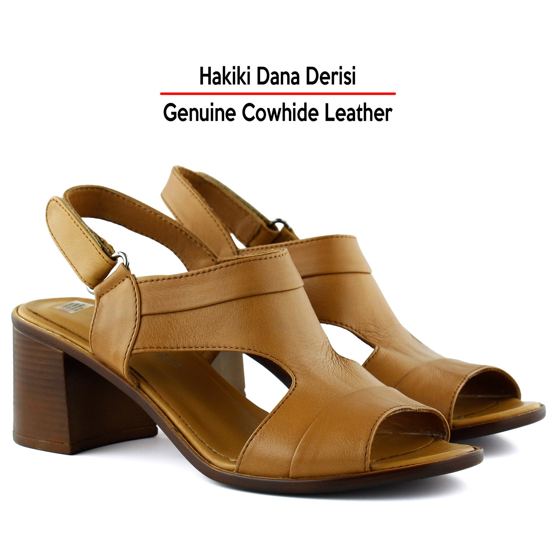 Kanne Taba Hakiki Dana Derisi Cırt Bantlı Kalın Topuklu Rahat Günlük Sandalet