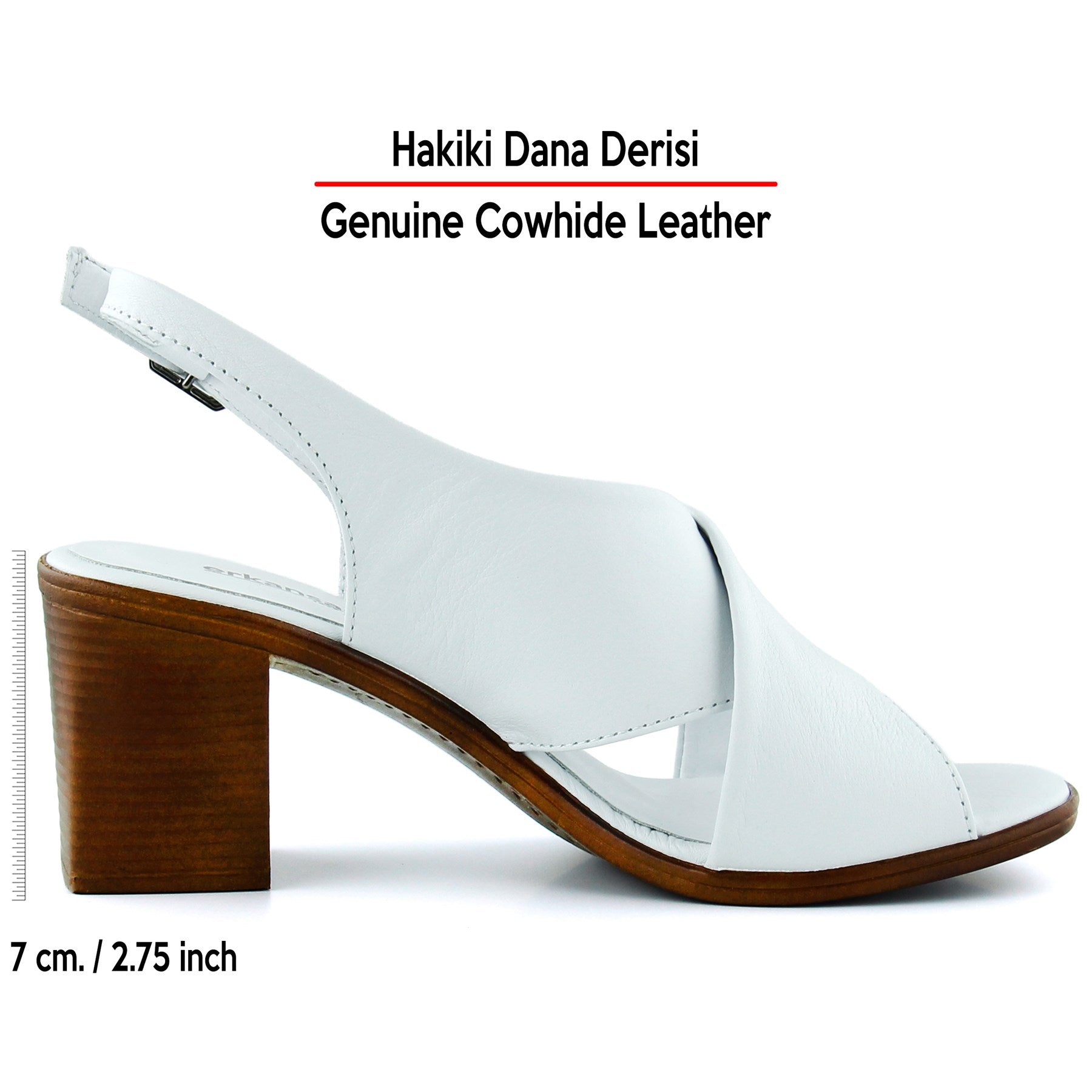 Soleil Beyaz Hakiki Dana Derisi Çapraz Bantlı Kalın Topuklu Rahat Günlük Sandalet