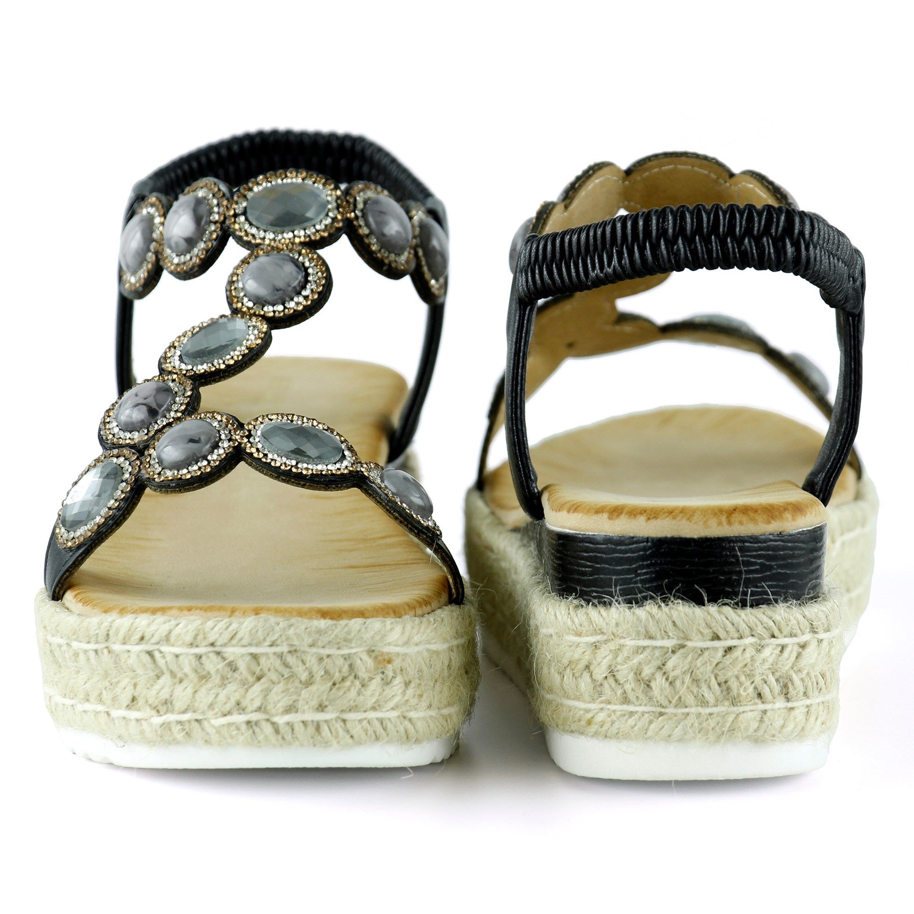 [7022] Siyah Kristal Taşlı Elastik Bantlı Zikzak Örgü Jüt Platform Topuklu Sandalet