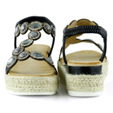 [7022] Siyah Kristal Taşlı Elastik Bantlı Zikzak Örgü Jüt Platform Topuklu Sandalet