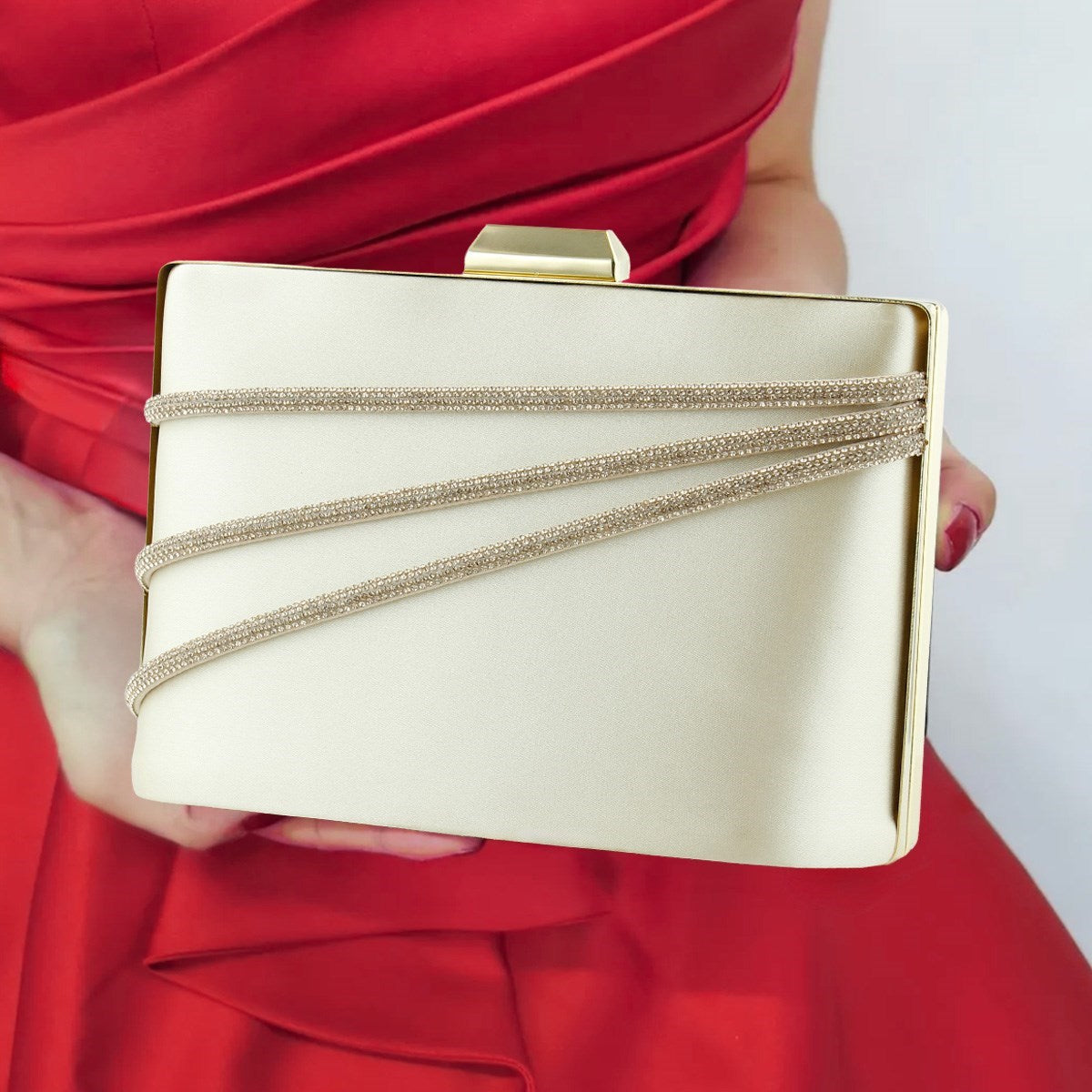 (ES0016AC) Ten Saten Taşlı Altın Metal Saplı Zincir Askılı Abiye Çanta