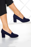 Della Lacivert Krep Kalın Topuklu Ayakkabı