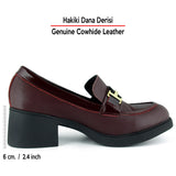 [MAX 54-133] Bordo Hakiki Dana Derisi Rugan Detaylı Tokalı Kalın Topuklu Günlük Loafer Ayakkabı