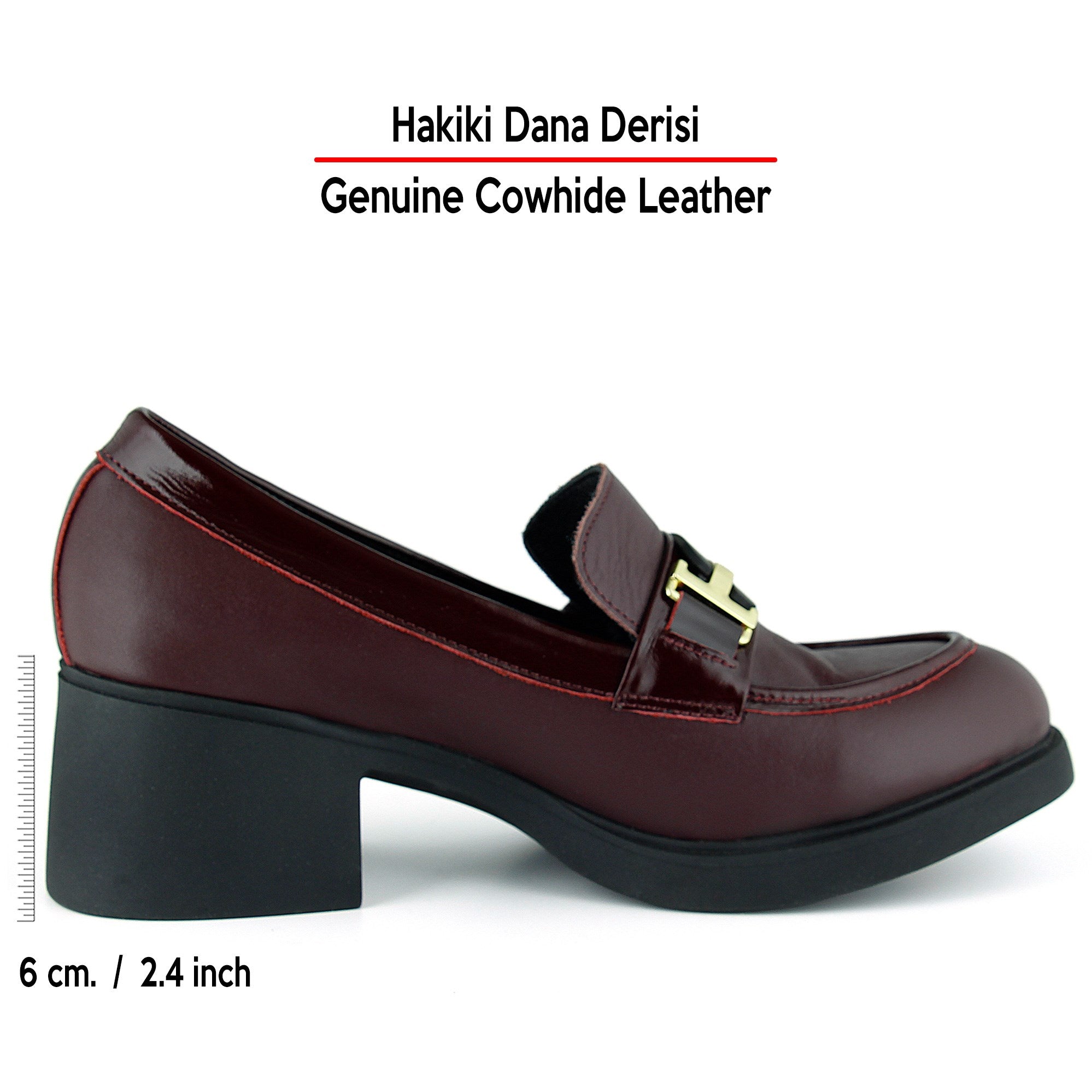 [MAX 54-133] Bordo Hakiki Dana Derisi Rugan Detaylı Tokalı Kalın Topuklu Günlük Loafer Ayakkabı