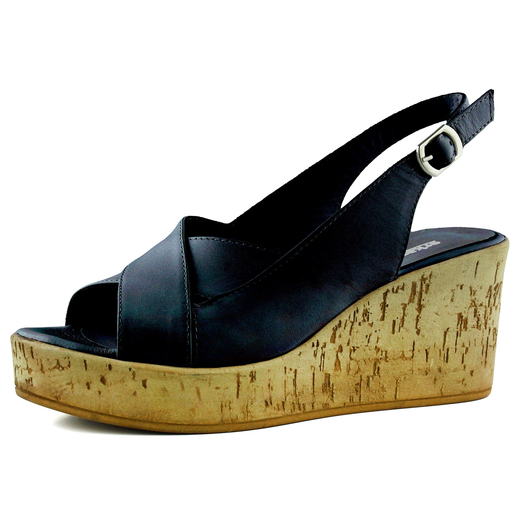 Luna Siyah Hakiki Dana Derisi Çapraz Bantlı Mantar Taban Görünümlü Dolgu Topuklu Sandalet