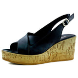 Luna Siyah Hakiki Dana Derisi Çapraz Bantlı Mantar Taban Görünümlü Dolgu Topuklu Sandalet