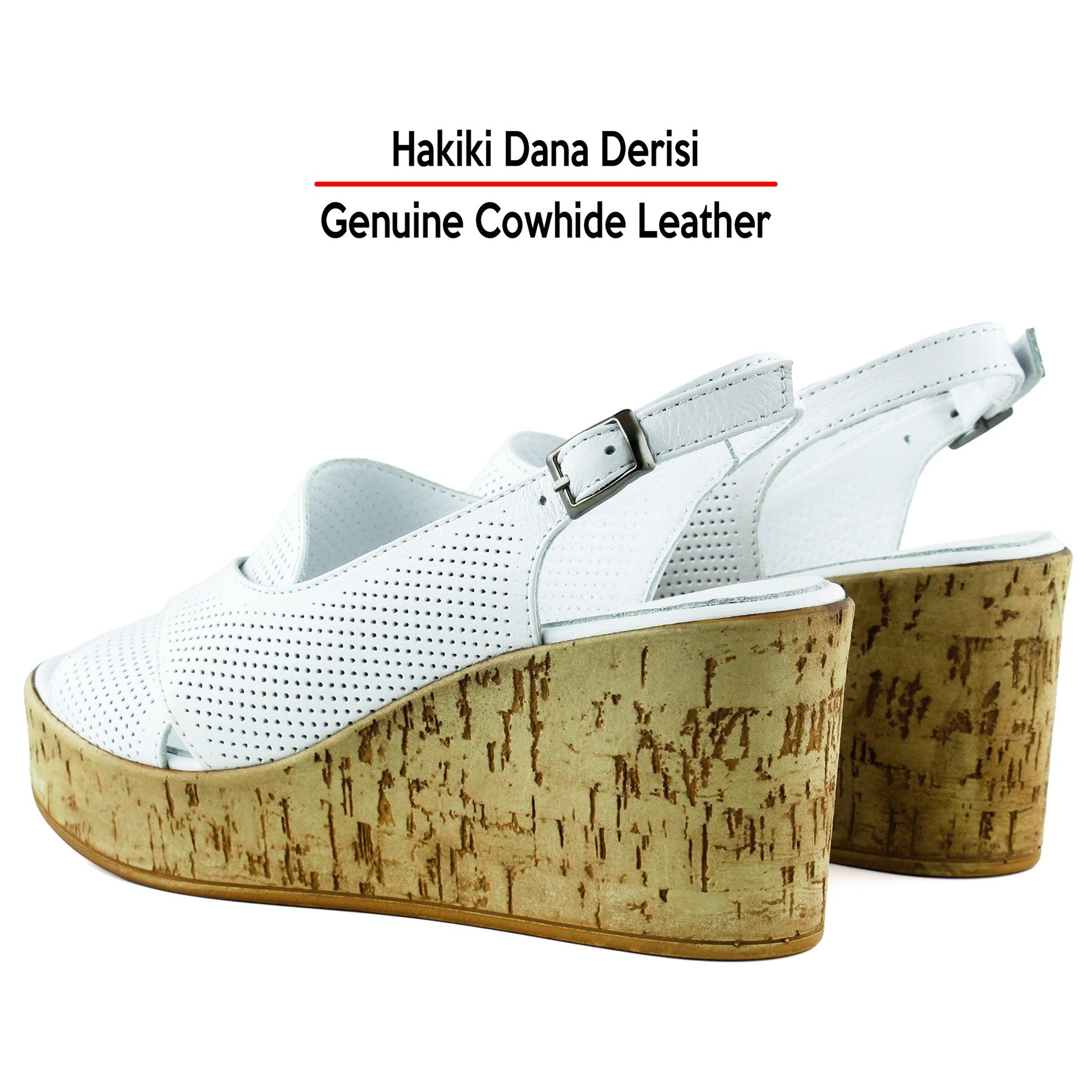 Serie Beyaz Hakiki Dana Derisi Delik Detaylı Mantar Taban Görünümlü Dolgu Topuklu Slingback Sandalet