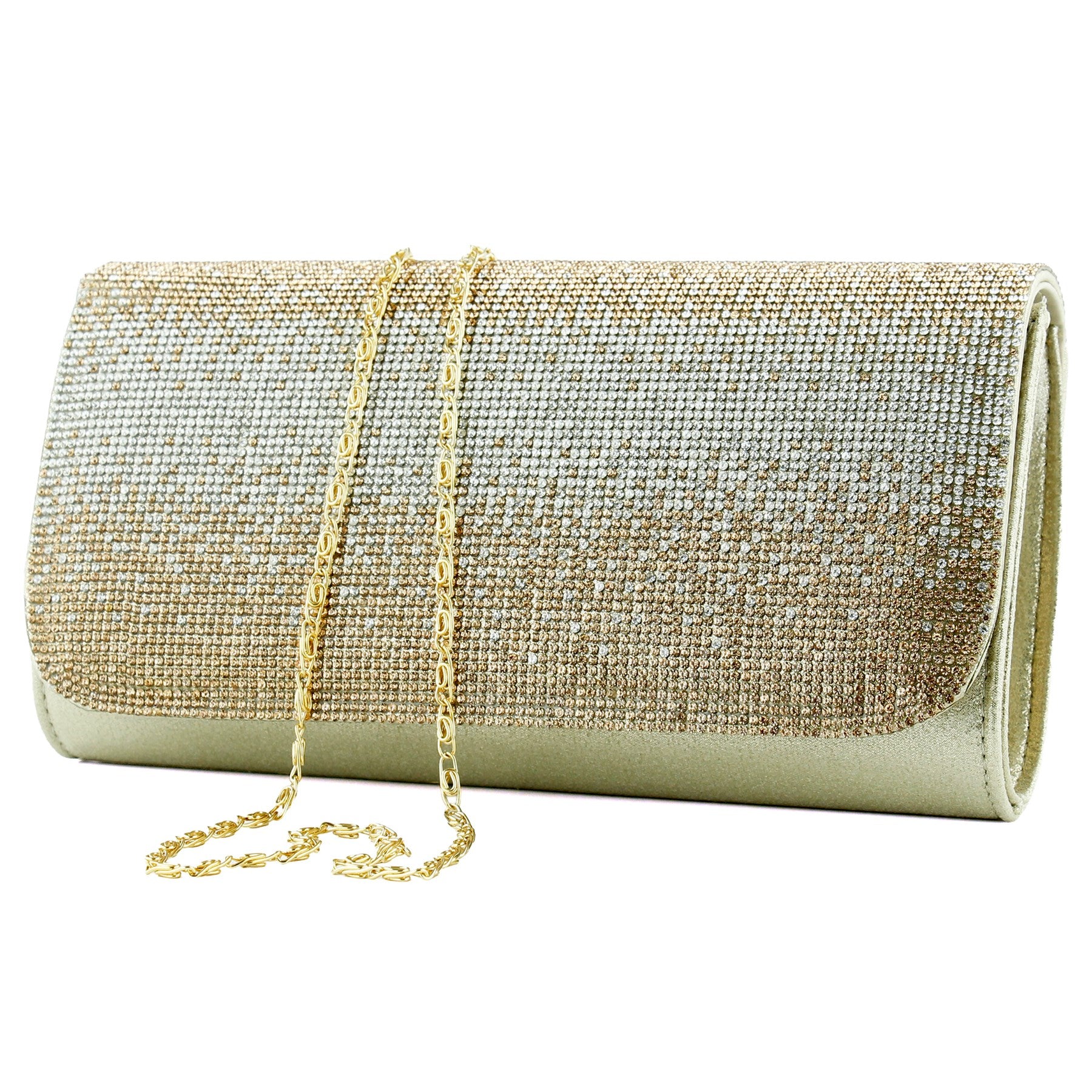 (ES0019AC) Dore Degrade Kristal Taşlı Zincir Askılı Manyetik Kapaklı Abiye El Çantası