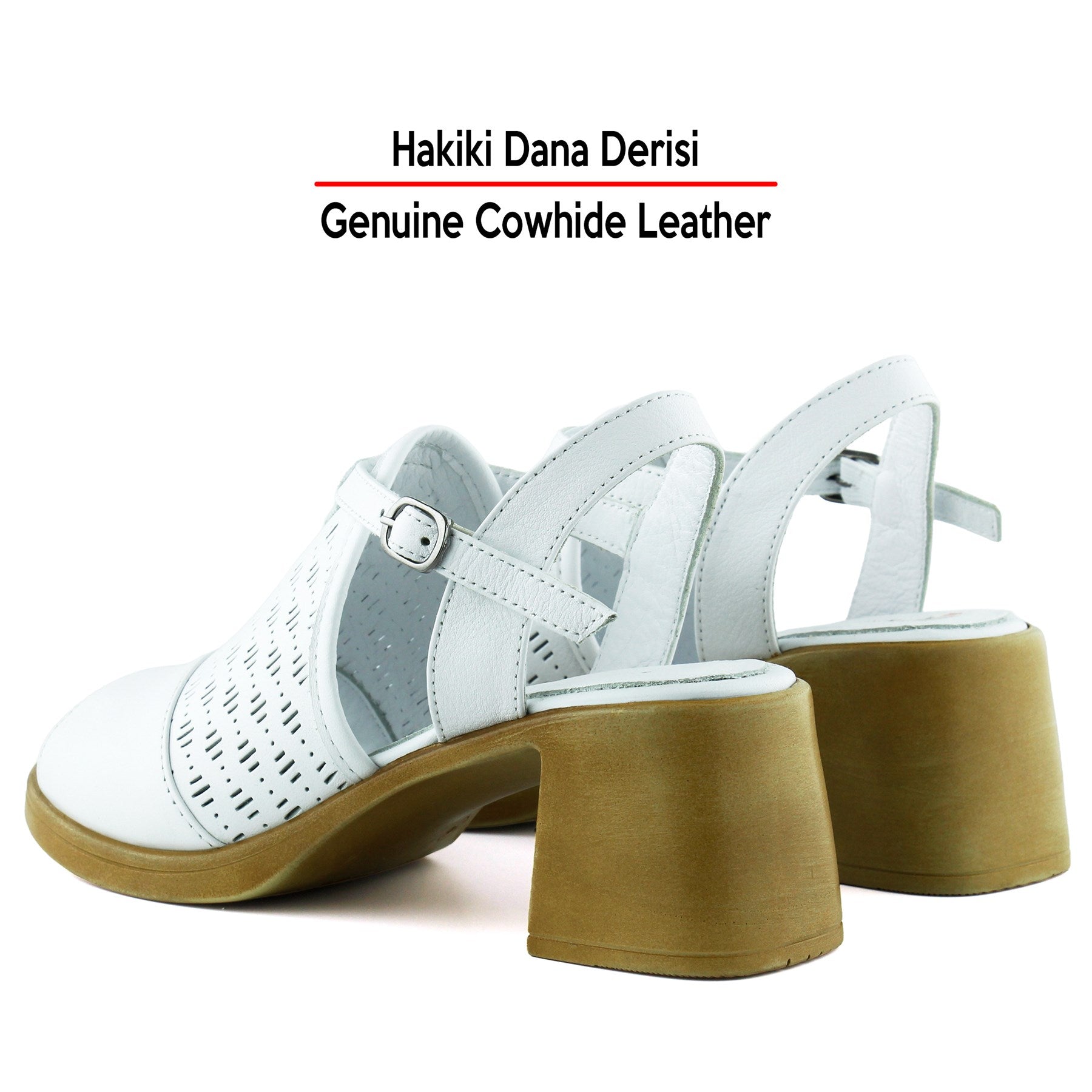 Amanda Beyaz Hakiki Dana Derisi Kesik Detaylı Ayarlanabilir Tokalı Kalın Topuklu Günlük Sandalet