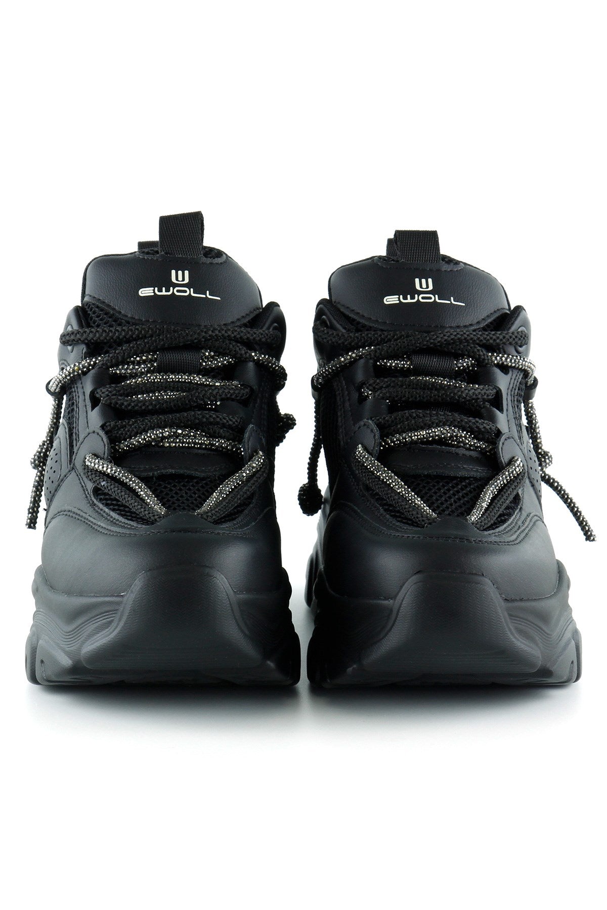 [5038] Siyah Yüksek Taban Spor Fileli Taşlı Bağcıklı Platform Sneaker