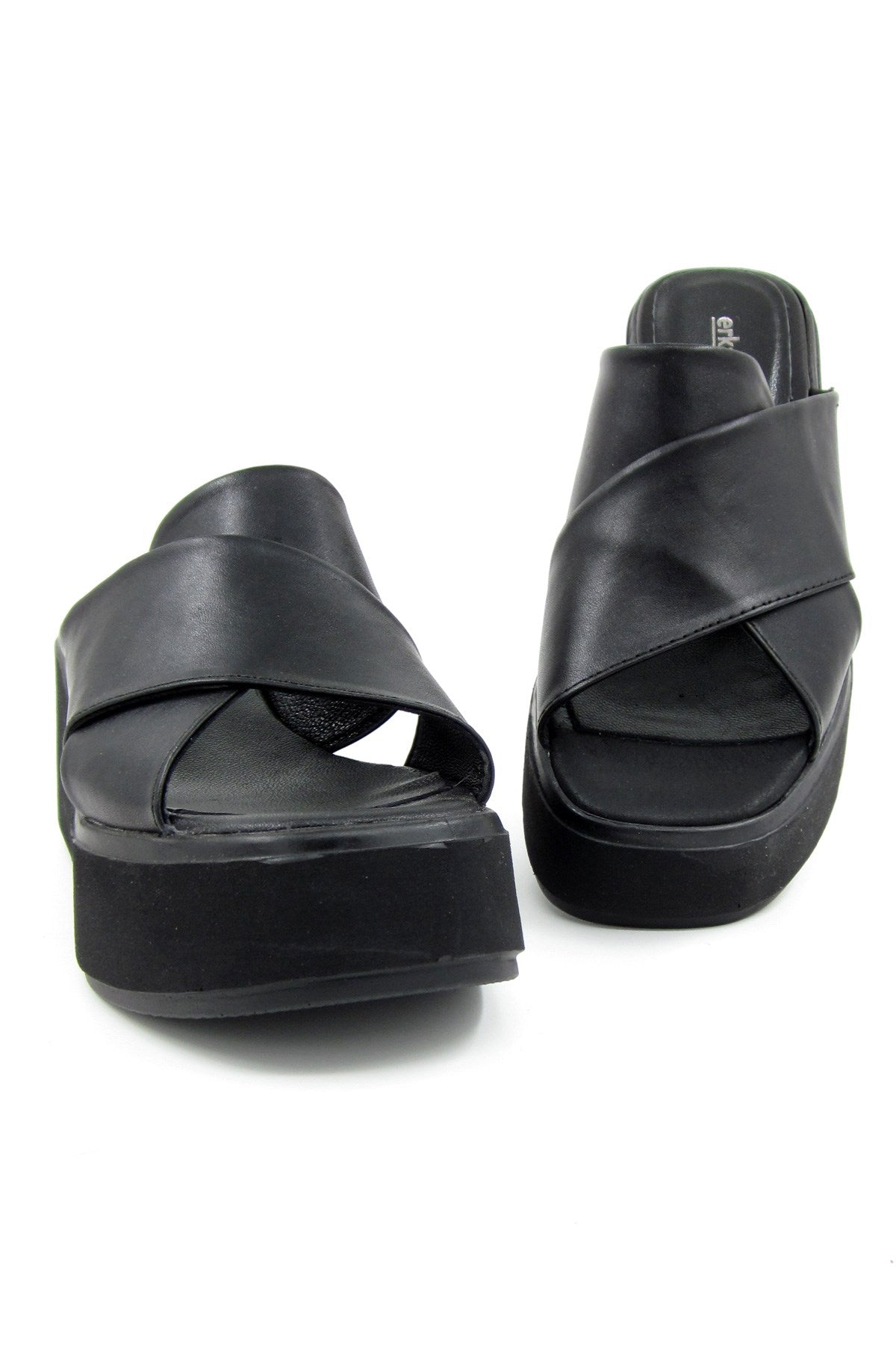 Olivia Siyah Hakiki Deri Dolgu Topuklu Terlik