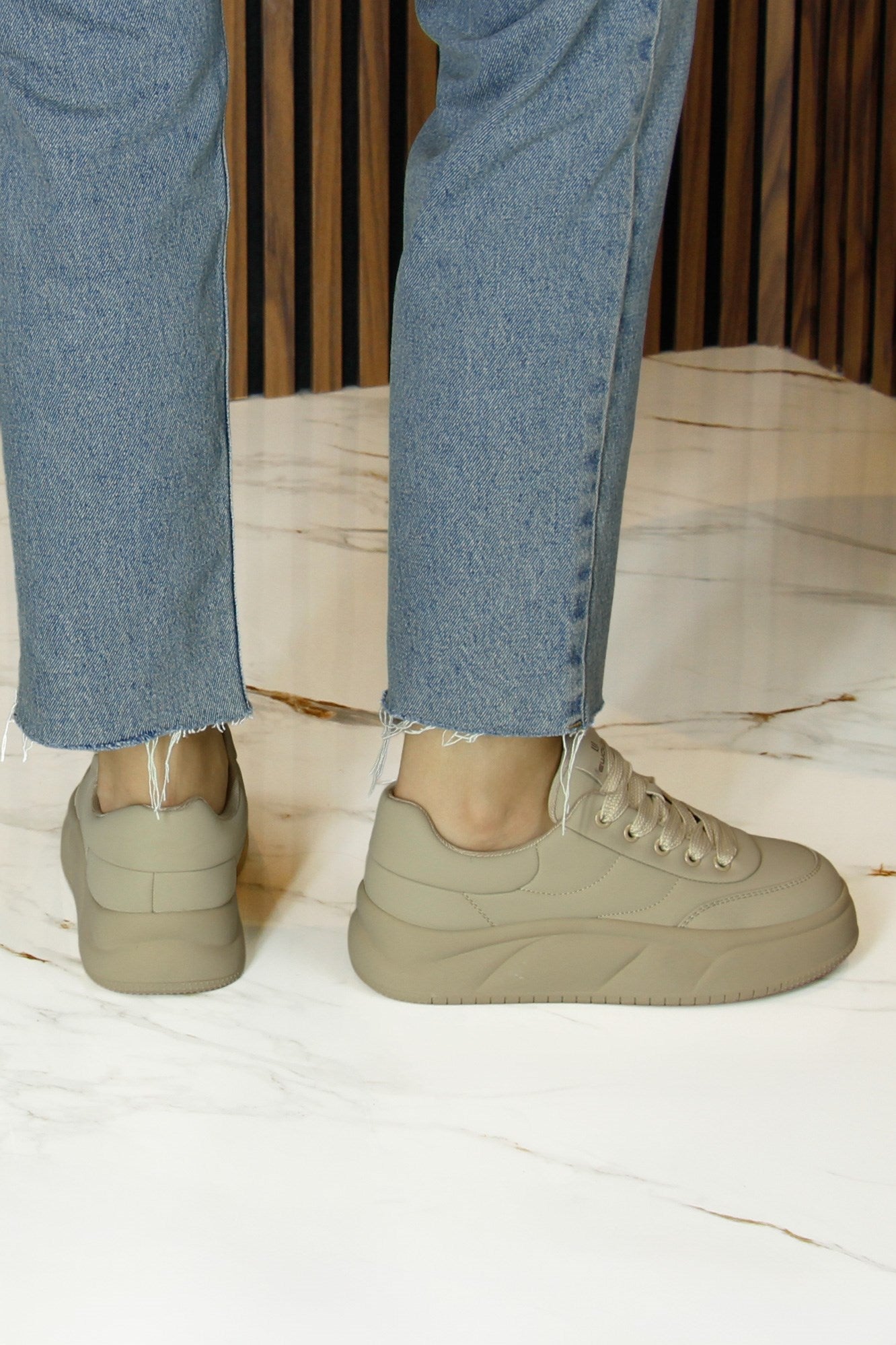 [8028] Haki Vegan Yuvarlak Burun Bağcıklı Flatform Taban Günlük Sneaker Spor Ayakkabı