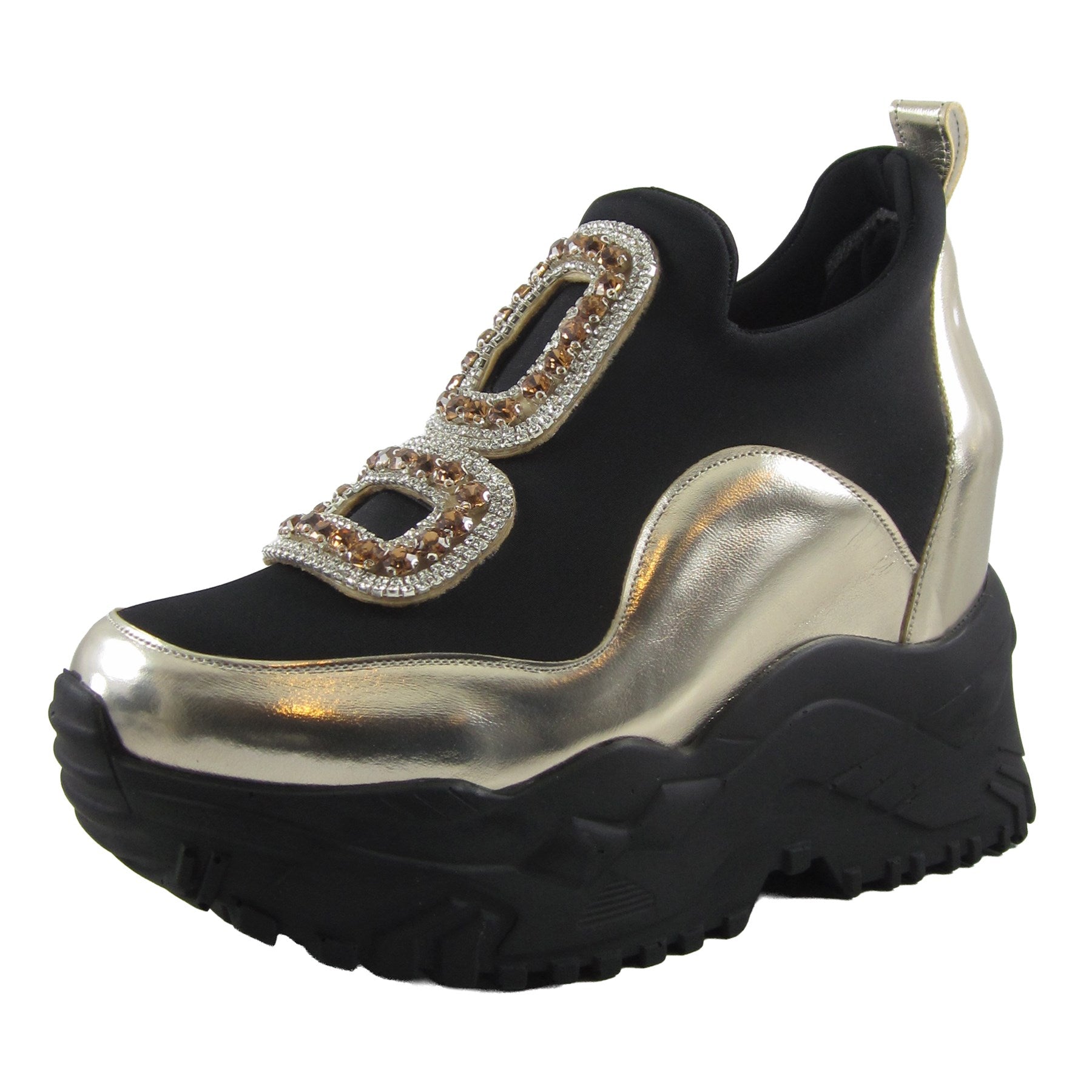 Almendra Altın Streç Taşlı Gizli Dolgu Topuklu Günlük Ayakkabı