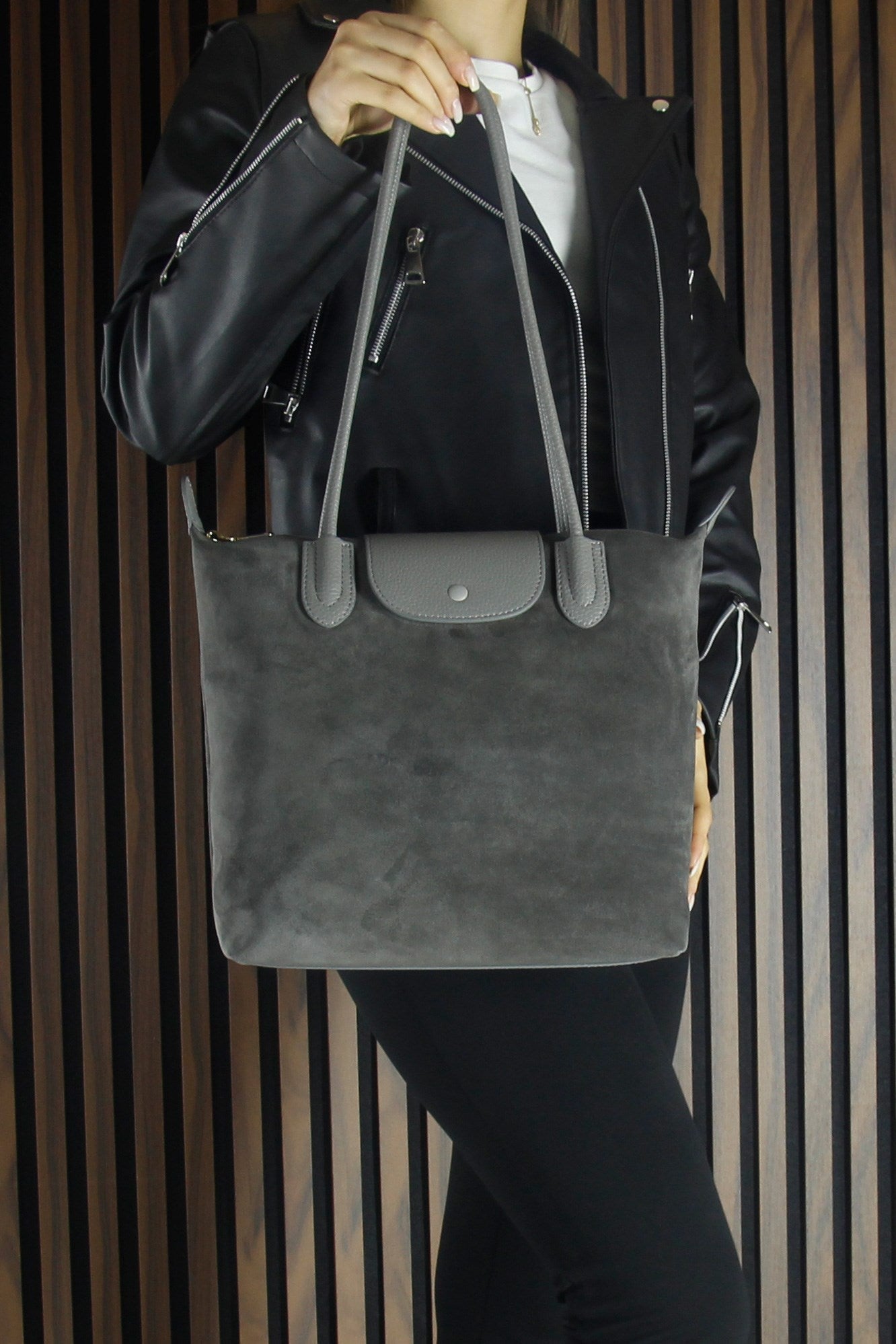 (VSN5017OC) Gri Hakiki Dana Süet Fermuarlı Manyetik Kapaklı Büyük Boy Günlük Omuz Çantası