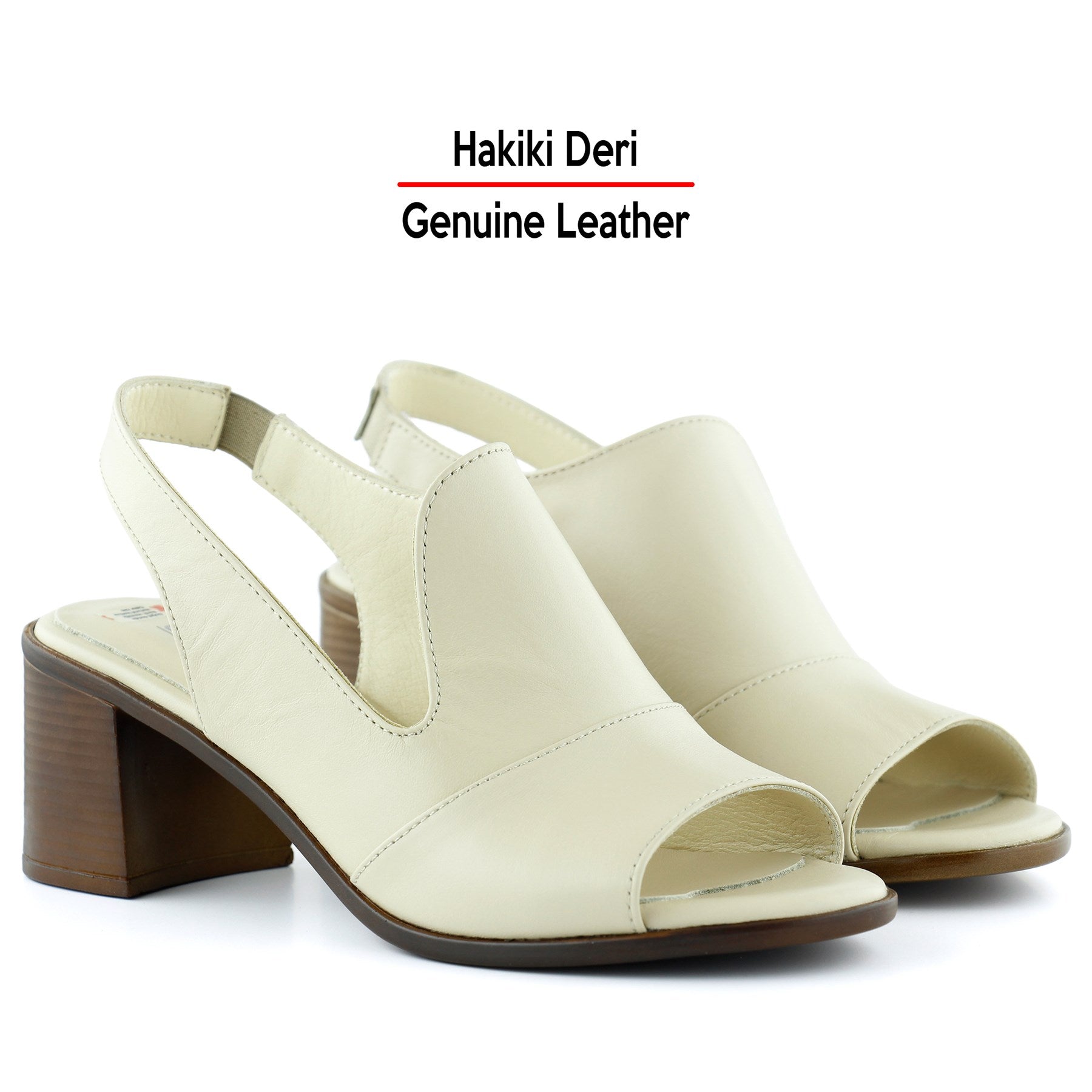 Emilia Bej Hakiki Dana Derisi Arkası Açık Lastik Bantlı Kalın Topuklu Rahat Günlük Sandalet