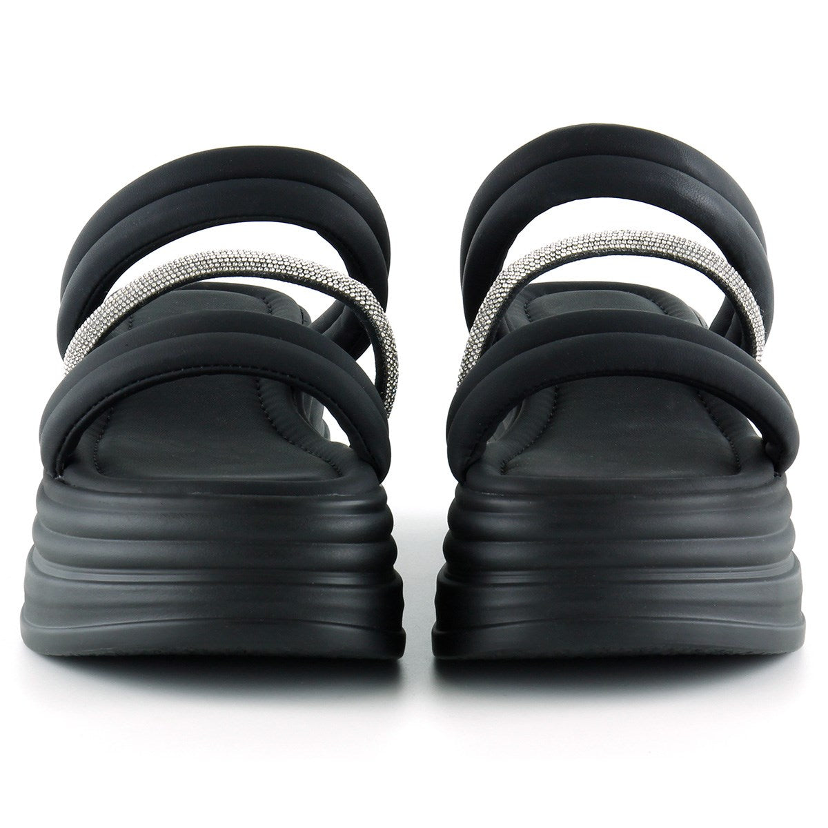 [7028] Siyah Dolgu Taban Gümüş Taşlı Bantlı Platform Terlik