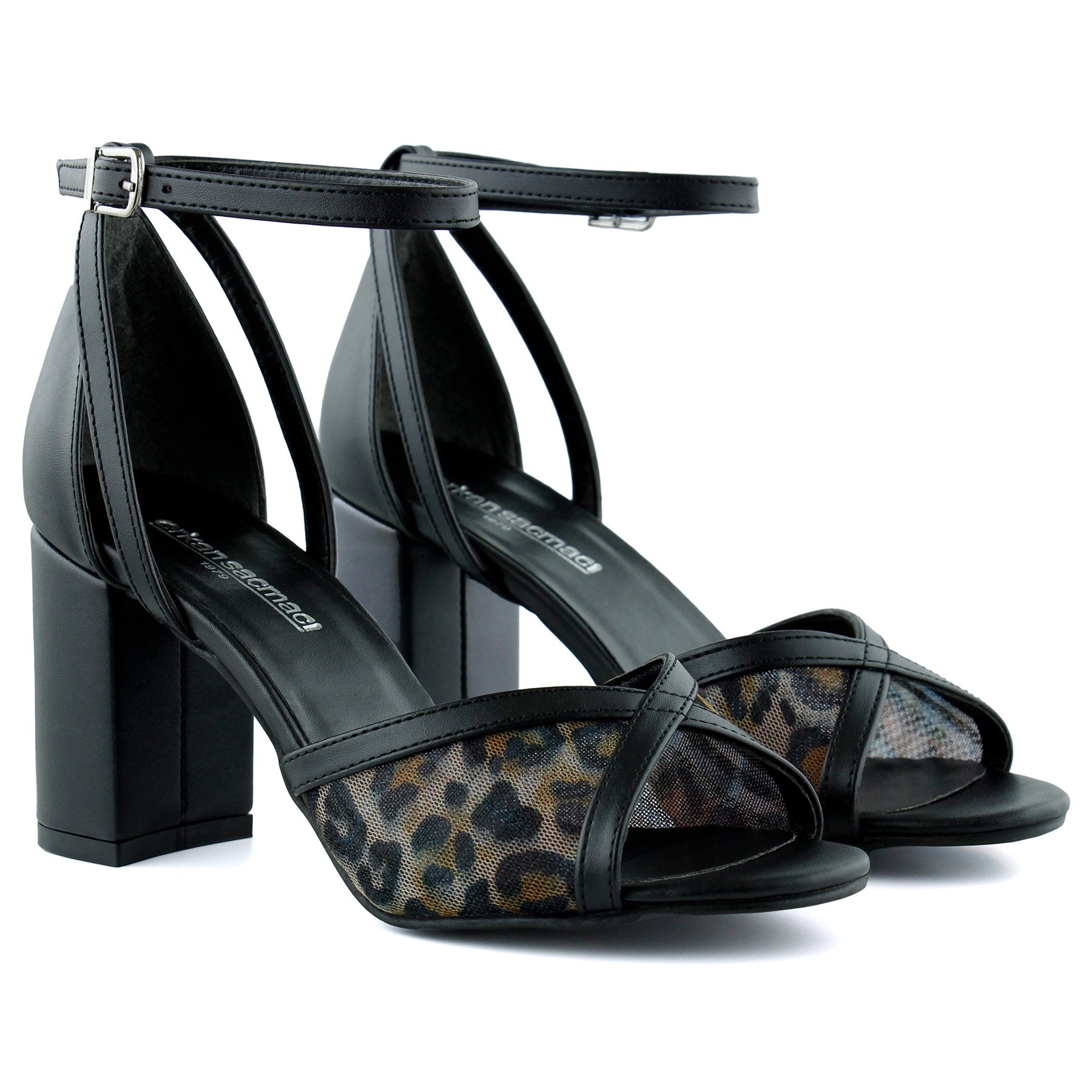 Charlotte Siyah Leopar Çapraz Bantlı Fileli Kalın Topuklu Zarif Abiye Ayakkabı