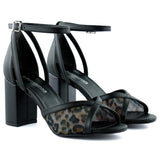 Charlotte Siyah Leopar Çapraz Bantlı Fileli Kalın Topuklu Zarif Abiye Ayakkabı