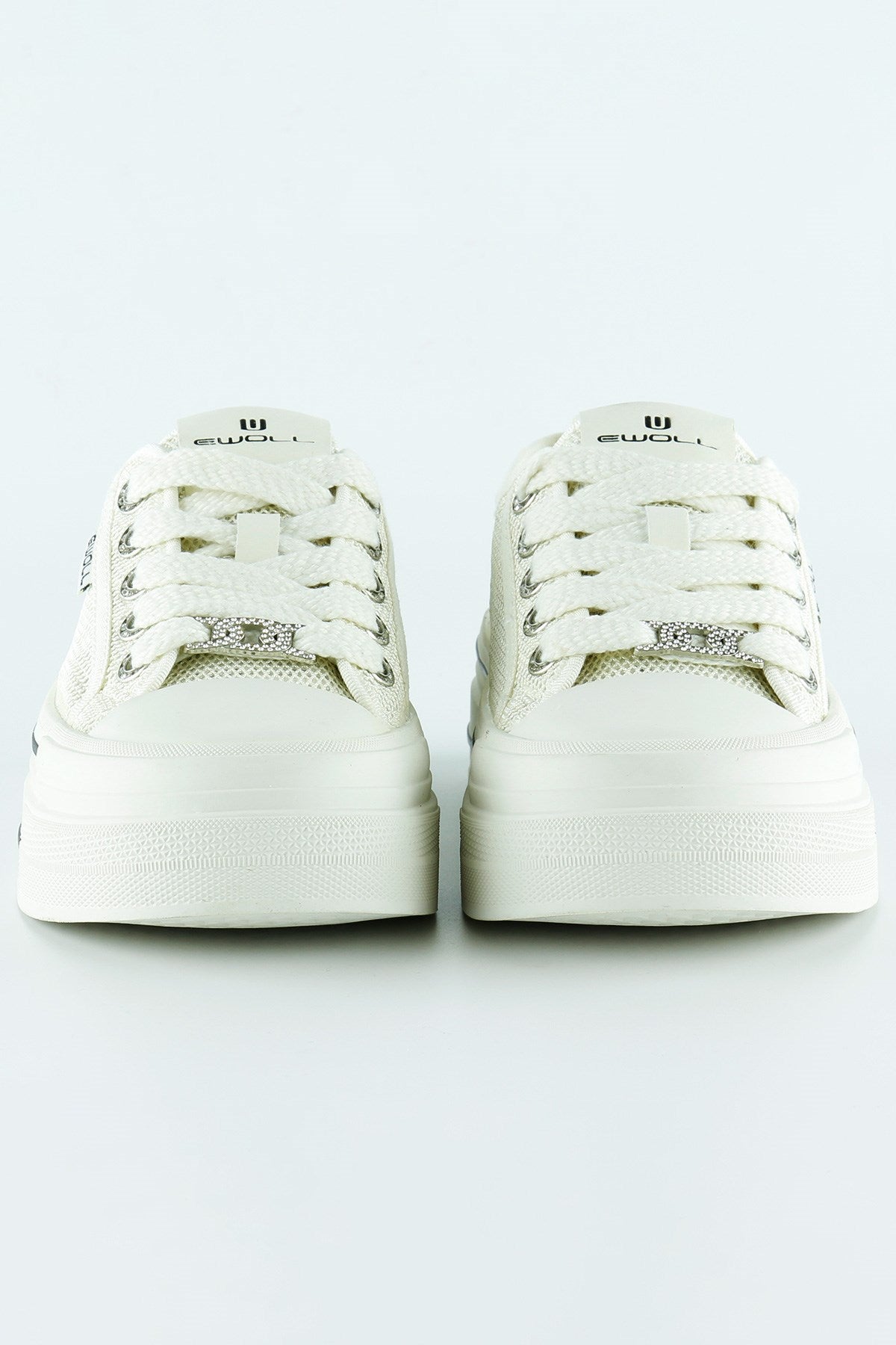 [5025] Beyaz Yüksek Taban Spor Fileli Taşlı Bağcıklı Platform Sneaker