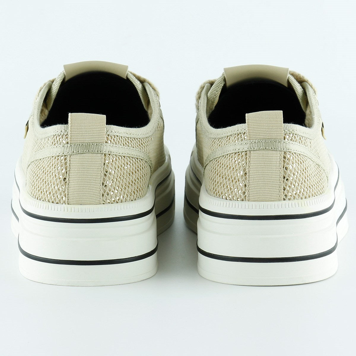 [5025] Bej Yüksek Taban Spor Fileli Taşlı Bağcıklı Platform Sneaker