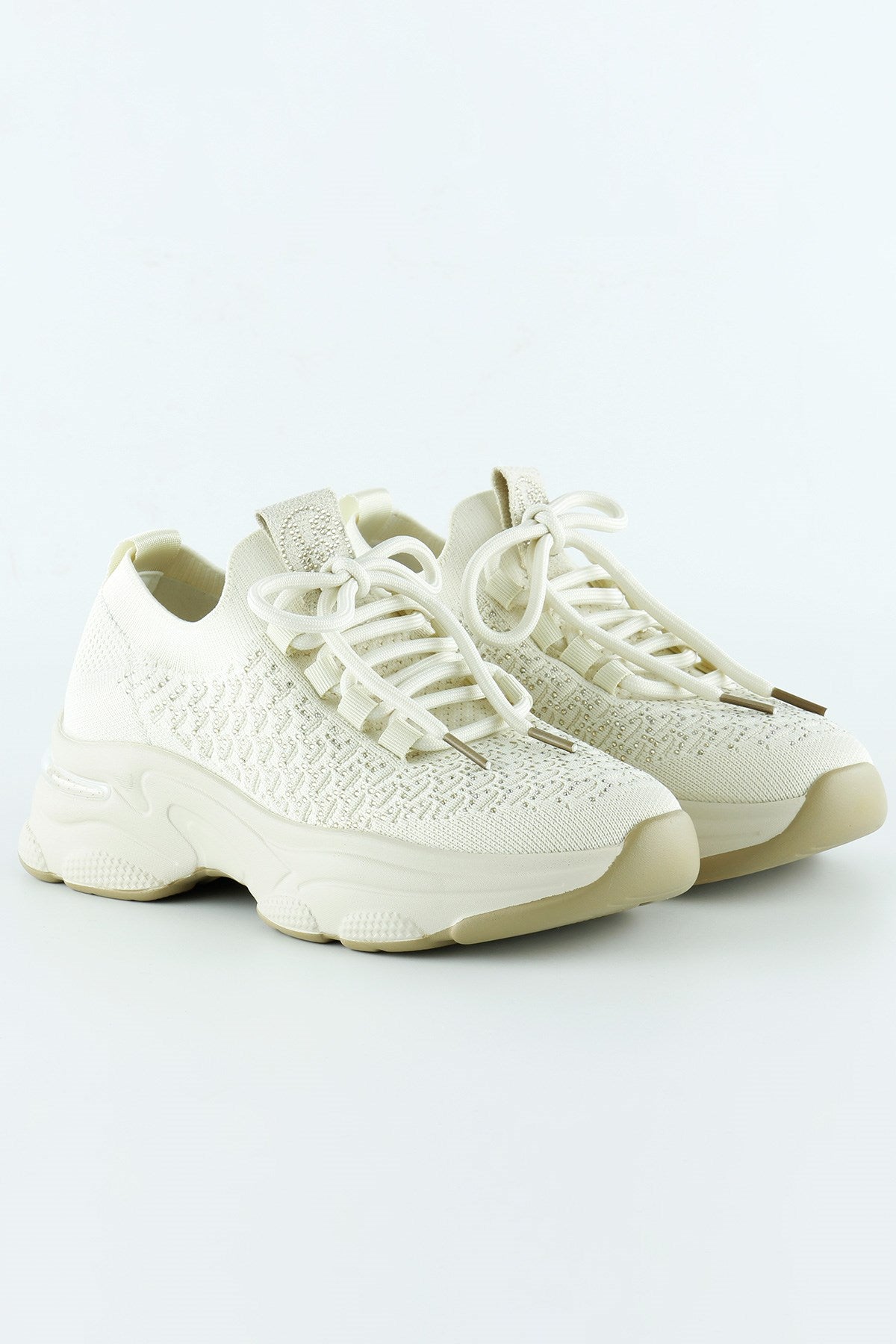 [5031] Bej Örgü Dokuma Taş Detaylı Bağcıklı Slip-on Sneaker