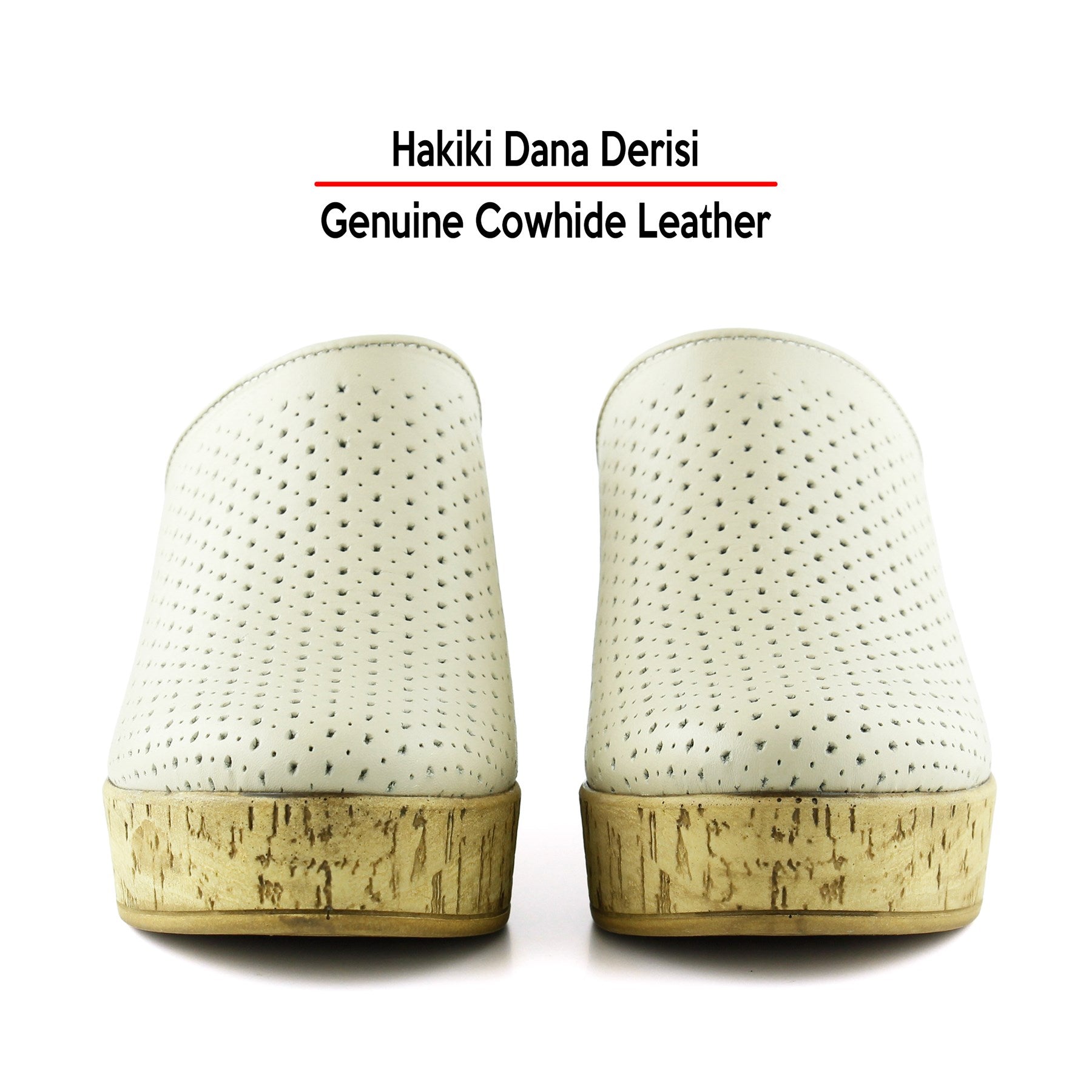 Aria Bej Hakiki Dana Derisi Önü Kapalı Mantar Taban Görünümlü Dolgu Topuklu Terlik