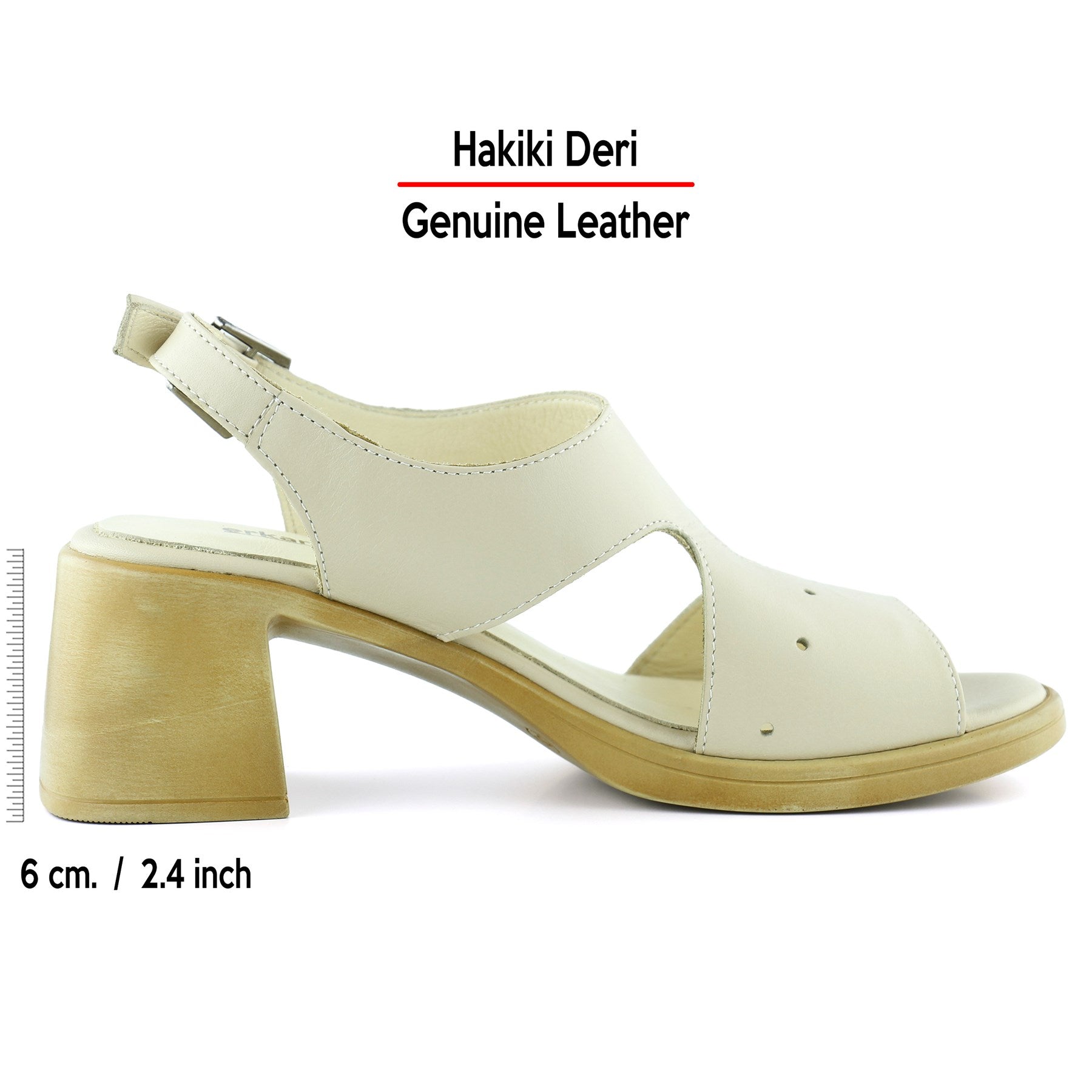 Ofelia Bej Hakiki Dana Derisi Delik Detaylı Tokalı Kalın Topuklu Rahat Günlük Sandalet