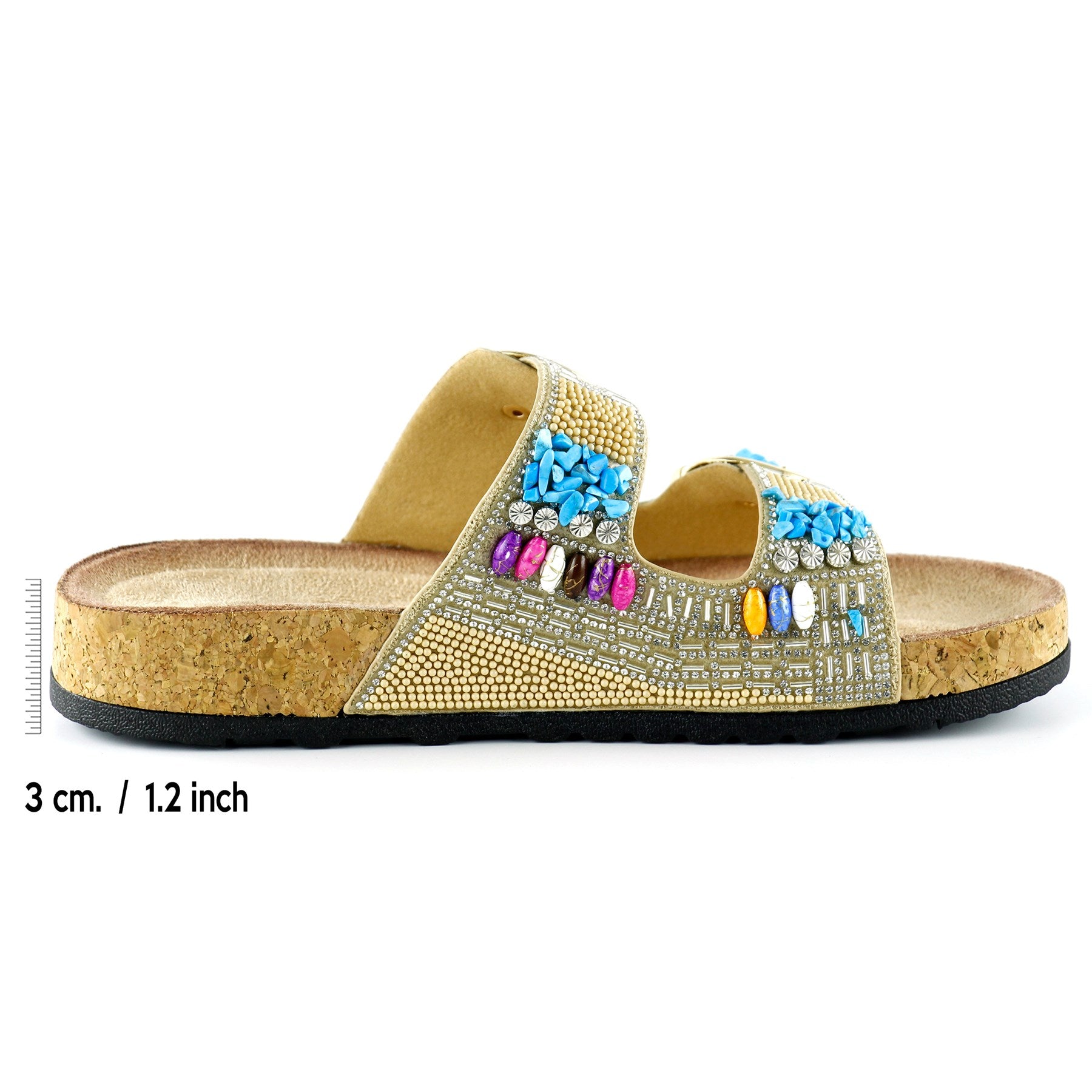 [7048] Bej Sabit Çift Bantlı Renkli Taşlı Boncuklu Mantar Taban Görünümlü Terlik