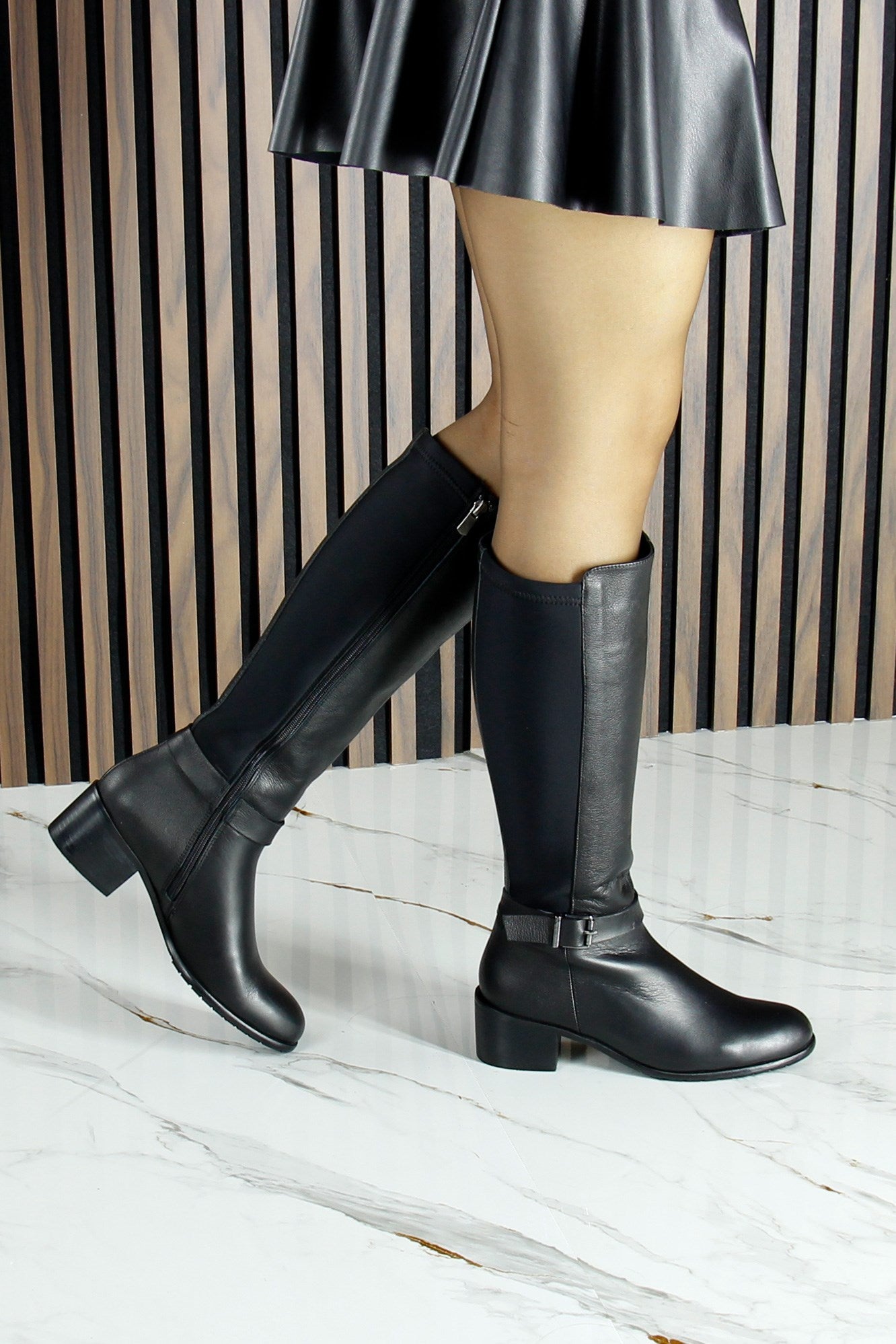 [MAX 290] Siyah Hakiki Dana Derisi Streç Tokalı Fermuarlı Yuvarlak Burun Kalın Topuklu Çizme