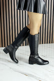[MAX 290] Siyah Hakiki Dana Derisi Streç Tokalı Fermuarlı Yuvarlak Burun Kalın Topuklu Çizme