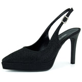 Cecilia Siyah Saten Taşlı Sivri Burun Arkası Açık İnce Platform Topuklu Abiye Ayakkabı