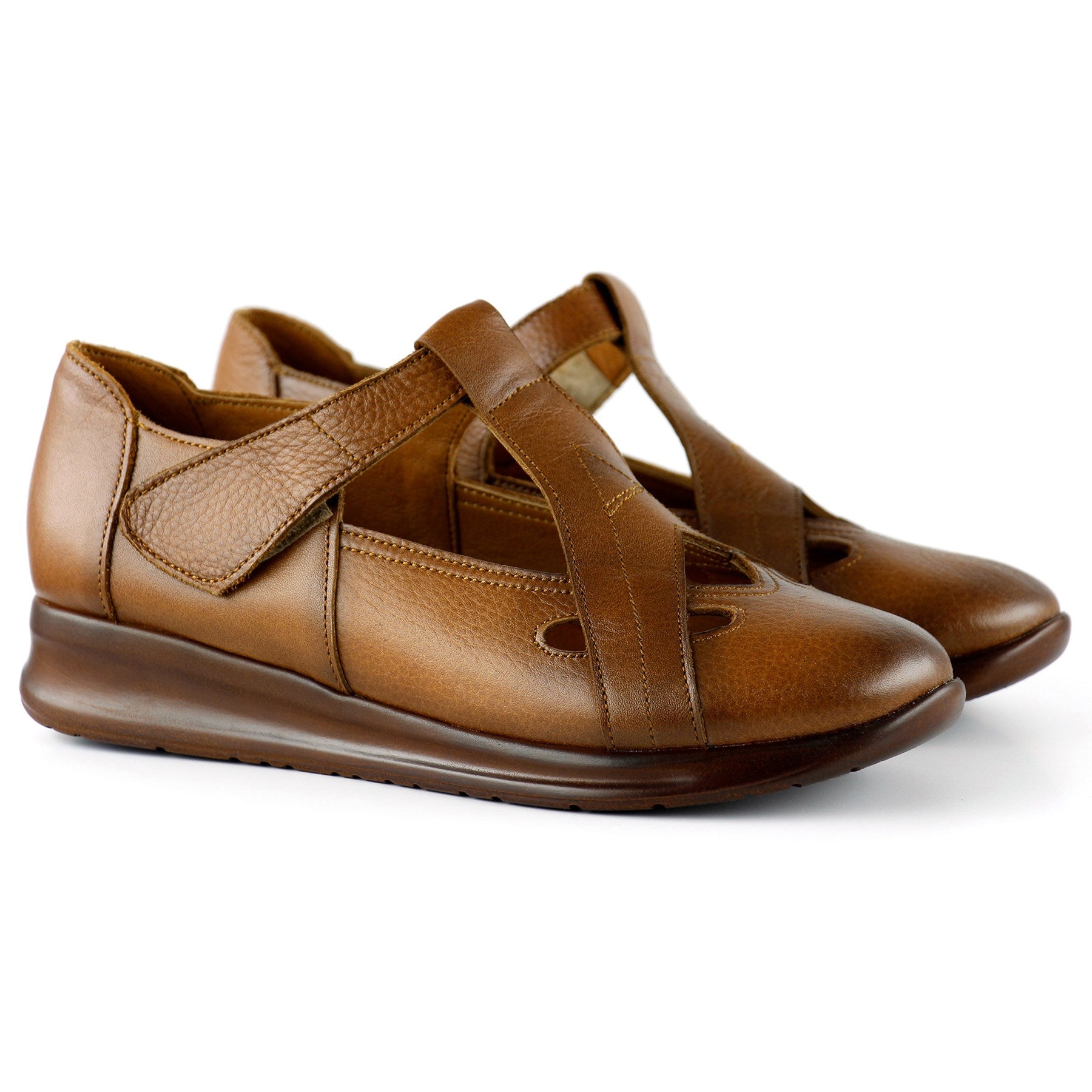 Frida Taba Hakiki Deri Kesik Detaylı Cırt Cırtlı Günlük Ayakkabı