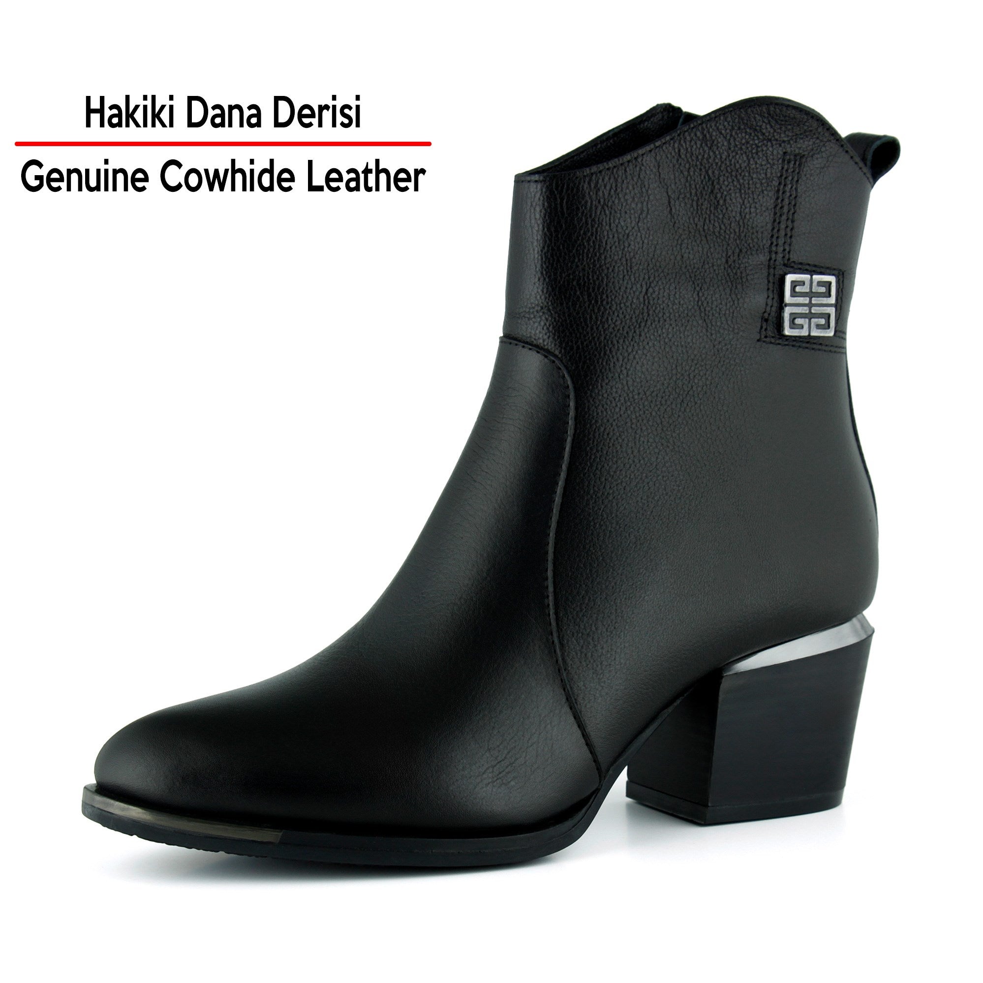 [MAX 504] Siyah Hakiki Dana Derisi Tokalı Fermuarlı Sivri Burun Kalın Topuklu Günlük Bot