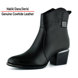 [MAX 504] Siyah Hakiki Dana Derisi Tokalı Fermuarlı Sivri Burun Kalın Topuklu Günlük Bot