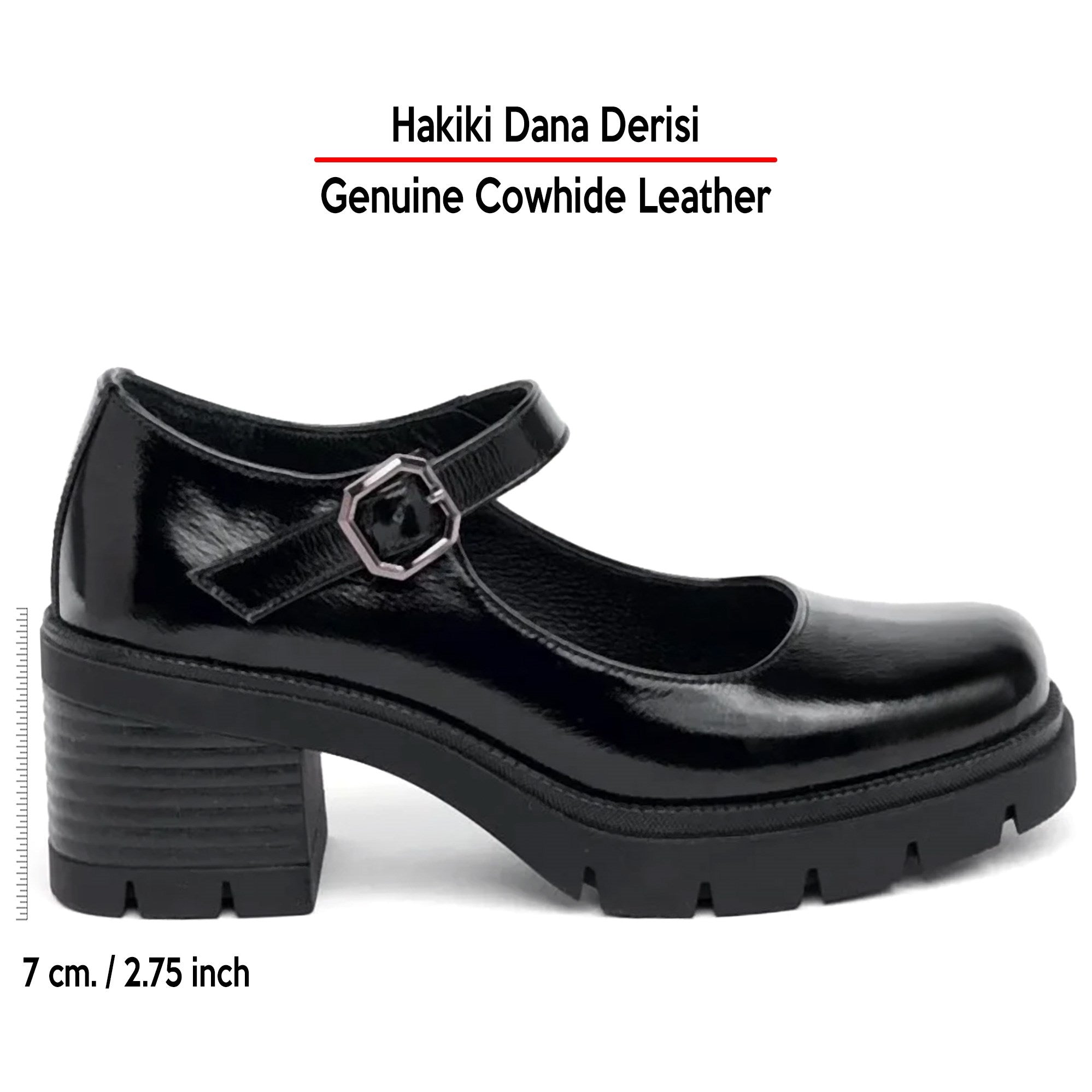 Siyah Rugan Hakiki Dana Derisi Mary Jane Kalın Topuklu Günlük Ayakkabı