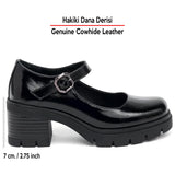 [MAX 5035] Siyah Rugan Hakiki Dana Derisi Mary Jane Kalın Topuklu Günlük Ayakkabı