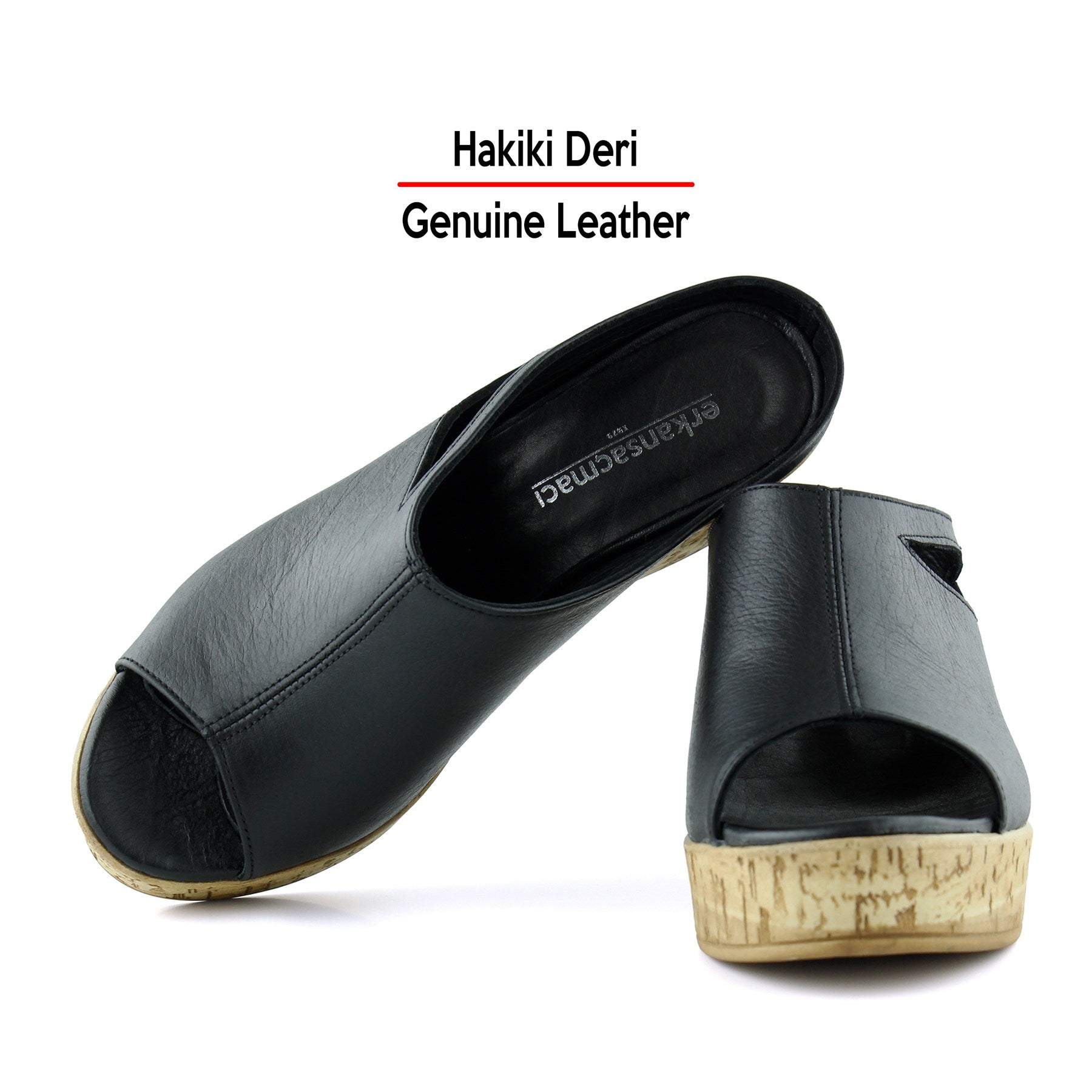 Drusilla Siyah Hakiki Deri Önü Açık Kesik Detaylı Mantar Taban Görünümlü Dolgu Topuklu Terlik