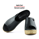 Drusilla Siyah Hakiki Deri Önü Açık Kesik Detaylı Mantar Taban Görünümlü Dolgu Topuklu Terlik