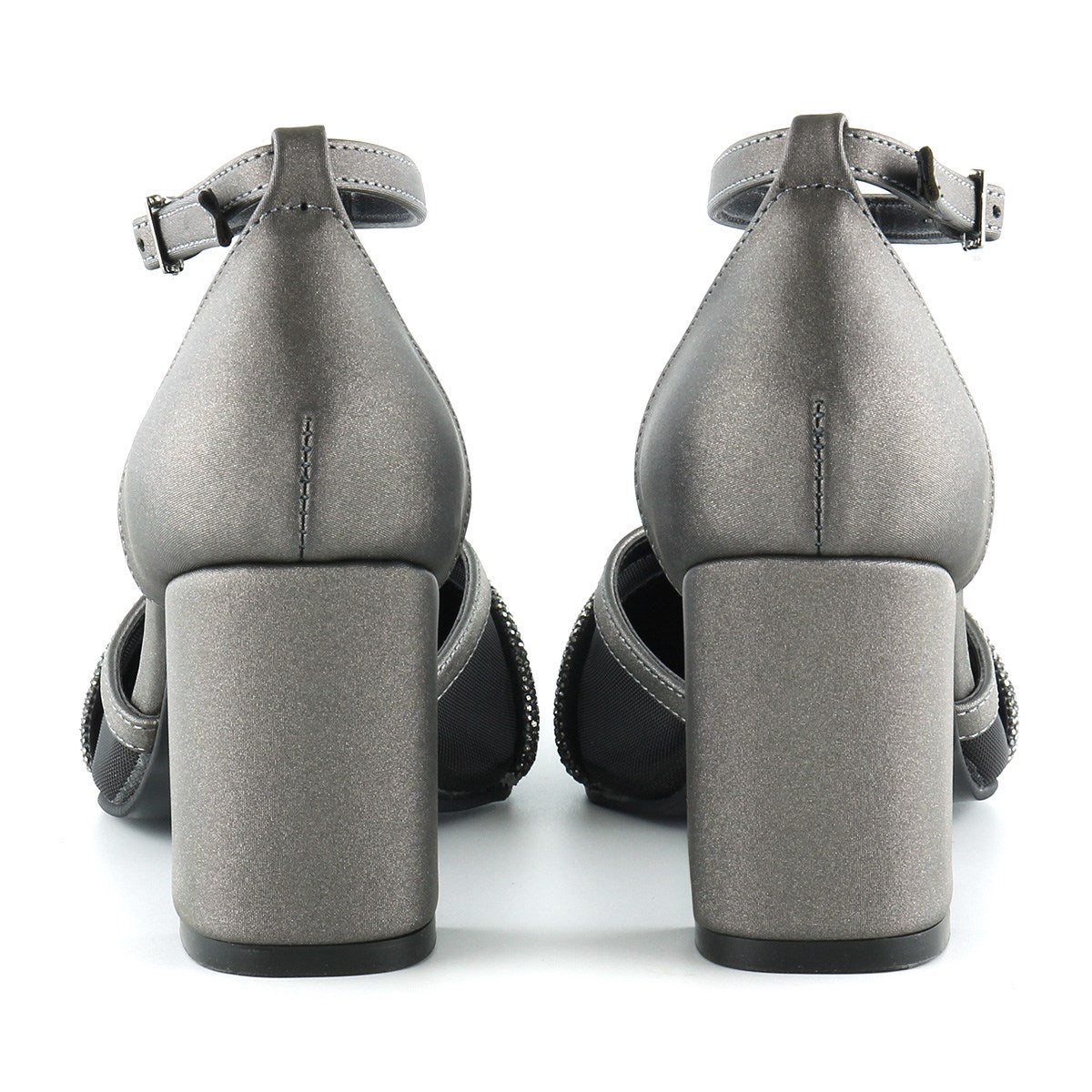 Molly Antrasit Saten Taşlı Fileli Kalın Topuklu Ayakkabı