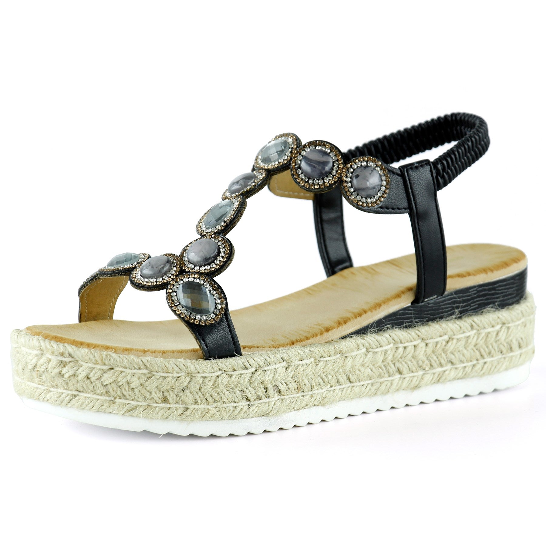 [7022] Siyah Kristal Taşlı Elastik Bantlı Zikzak Örgü Jüt Platform Topuklu Sandalet