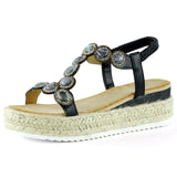 [7022] Siyah Kristal Taşlı Elastik Bantlı Zikzak Örgü Jüt Platform Topuklu Sandalet