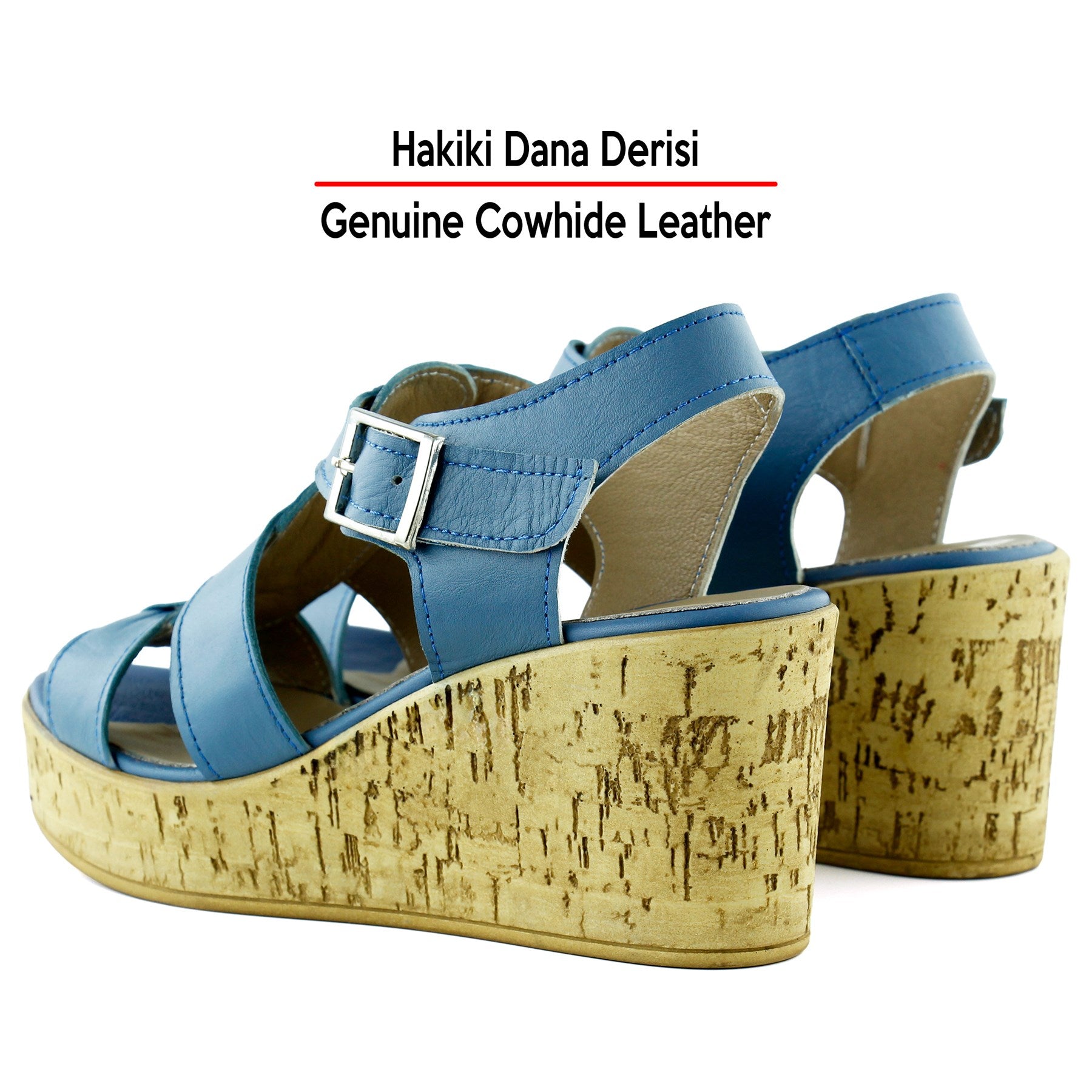 Xena Mavi Hakiki Dana Derisi Mantar Taban Görünümlü Dolgu Topuklu Gladyatör Sandalet